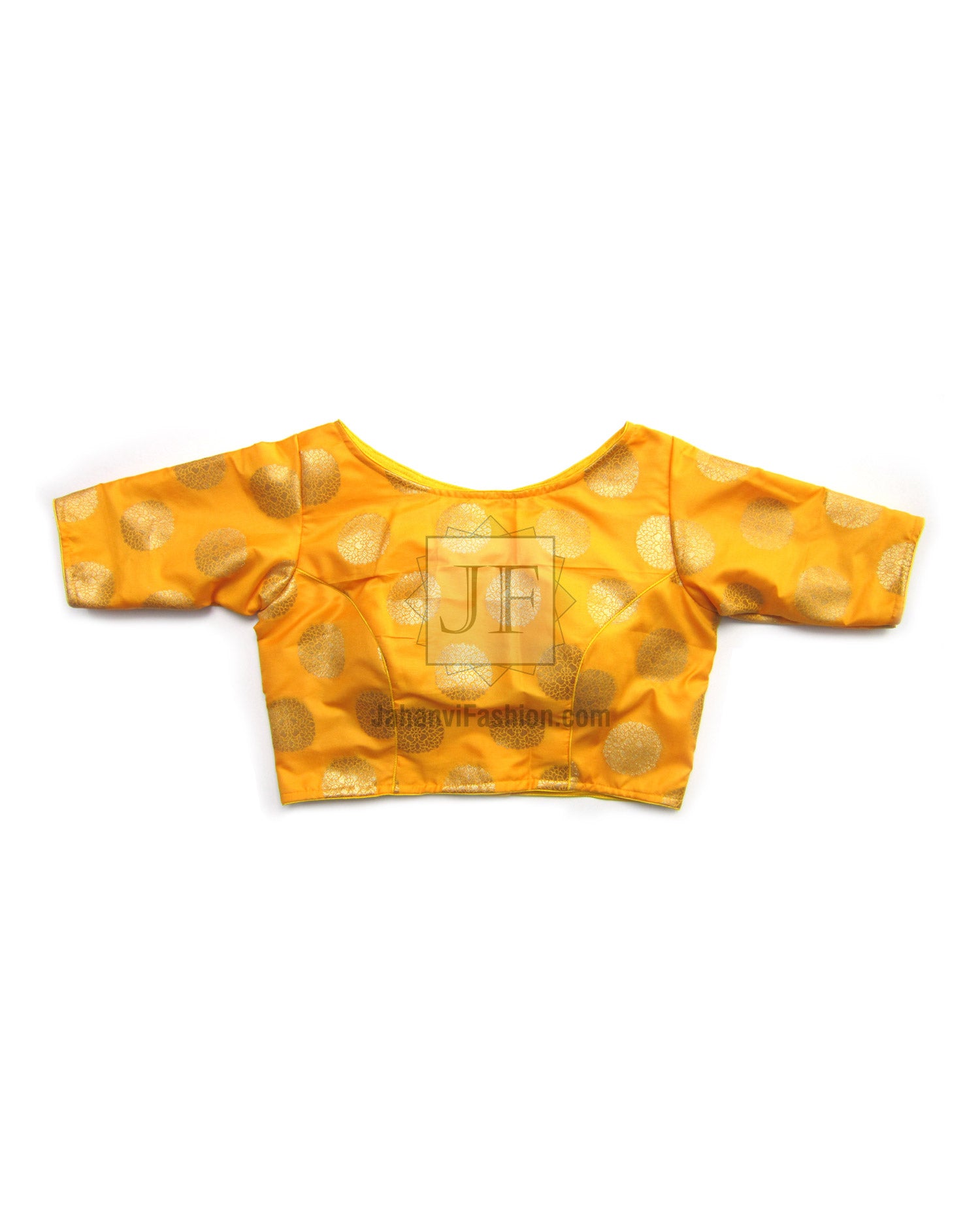 Orange silk saree blouse with boat neck and short sleeves, all-over gold circular motifs