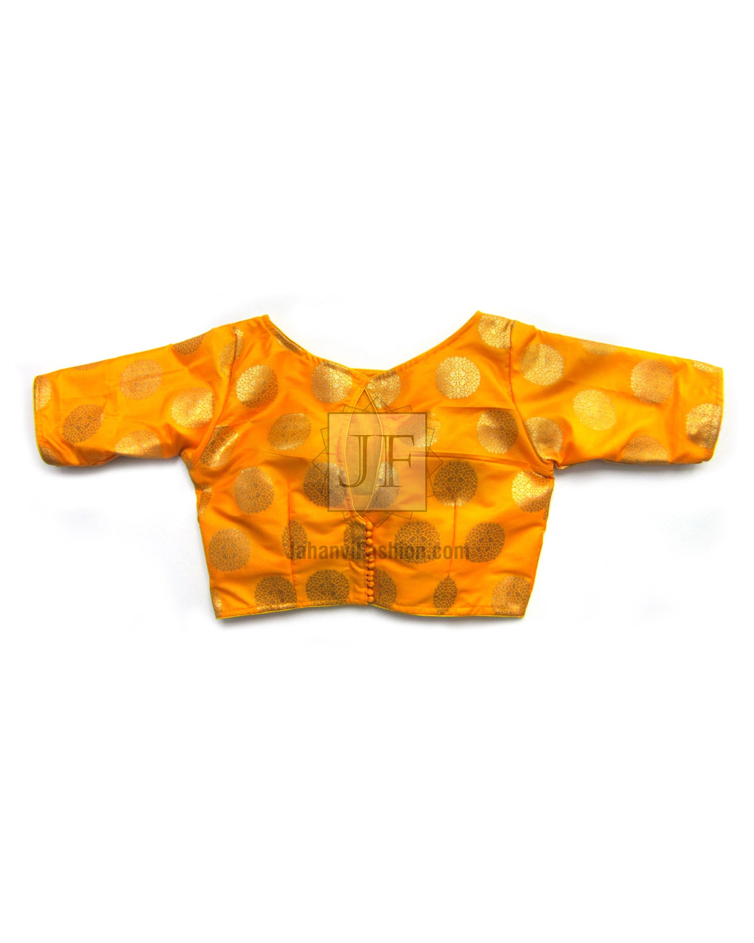 Orange brocade silk saree blouse with boat neck and short sleeves, gold motifs