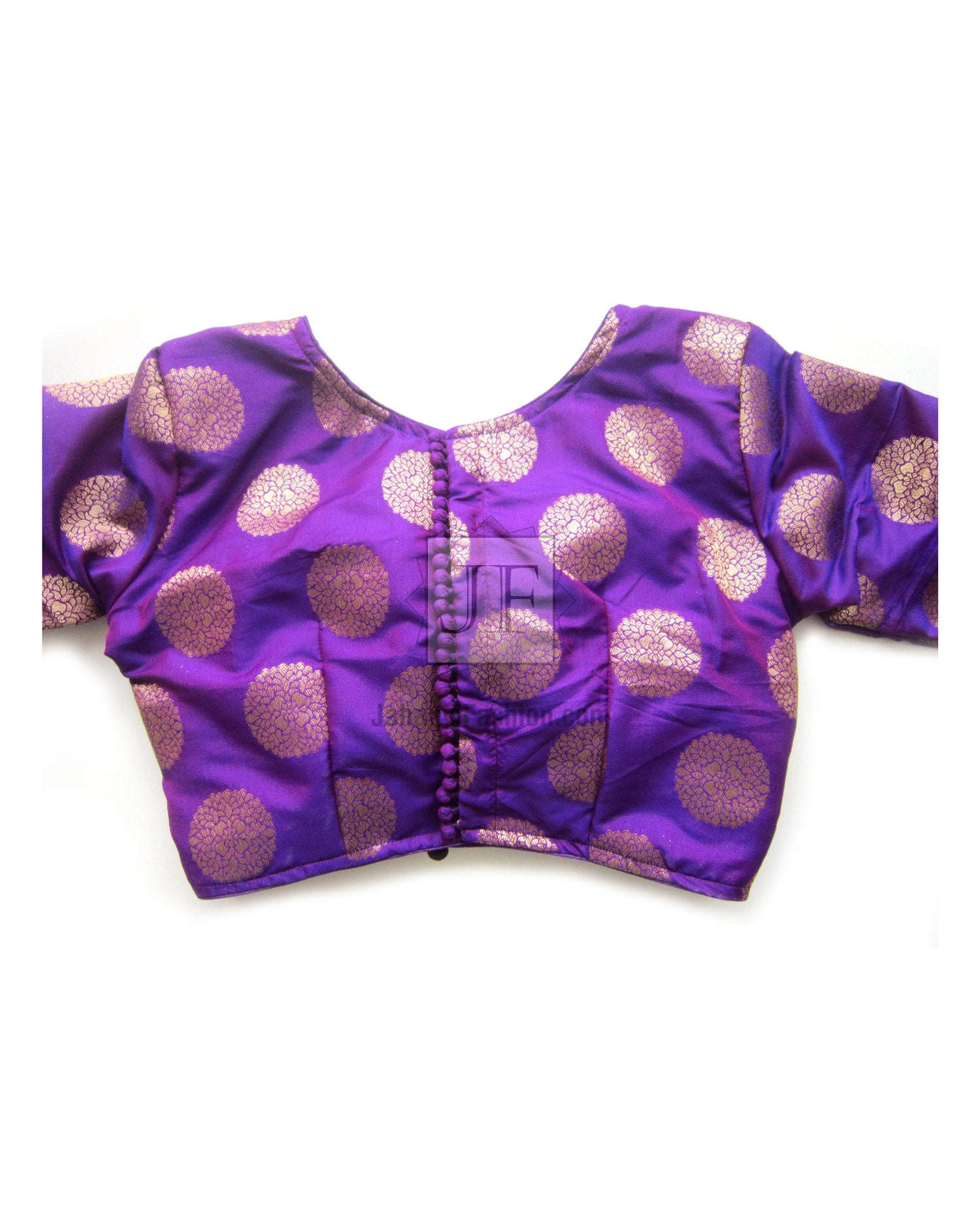 Purple saree blouse with golden oval pattern, back button closure, short puff sleeves