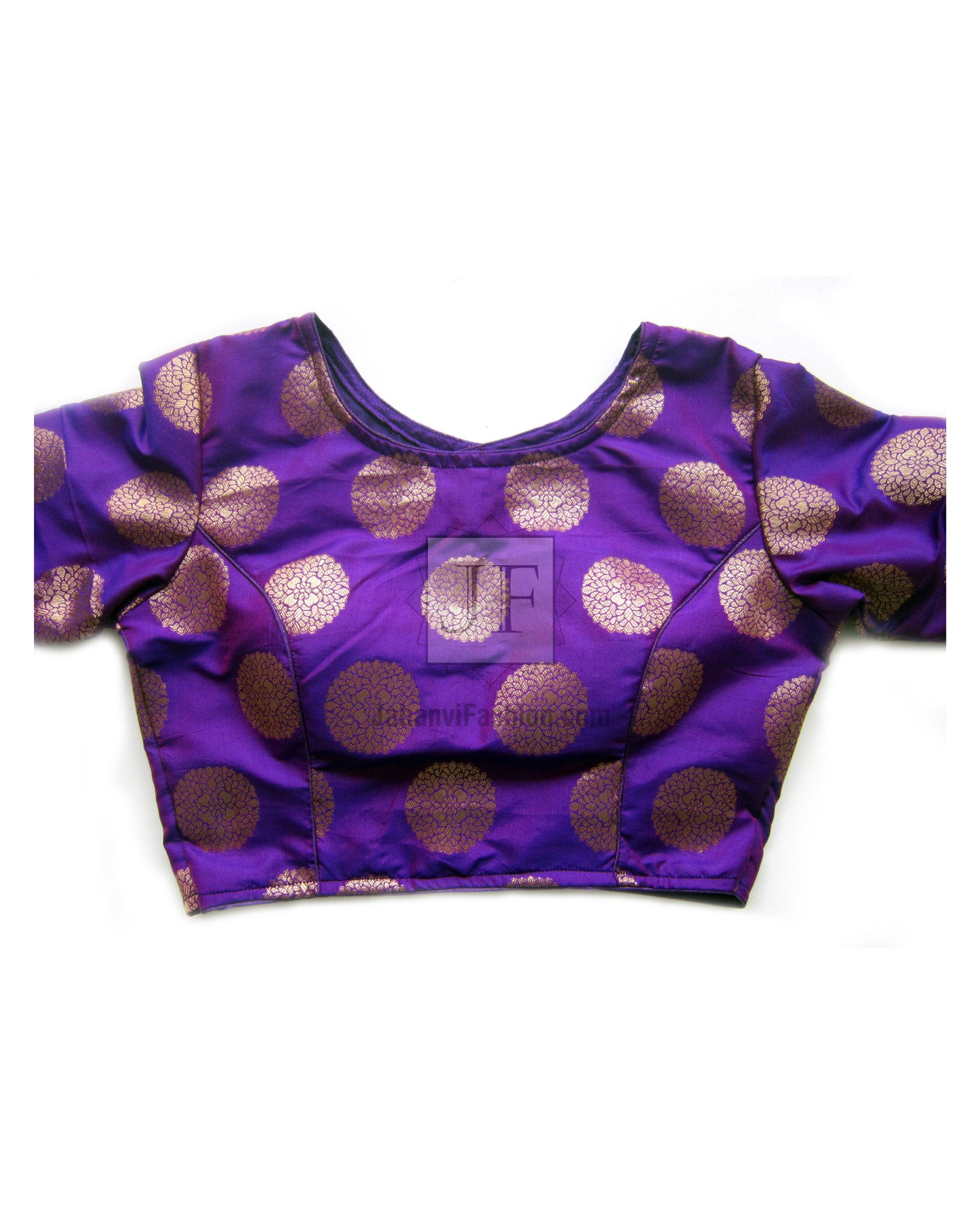 Purple saree blouse with golden oval pattern, round neck, short sleeves