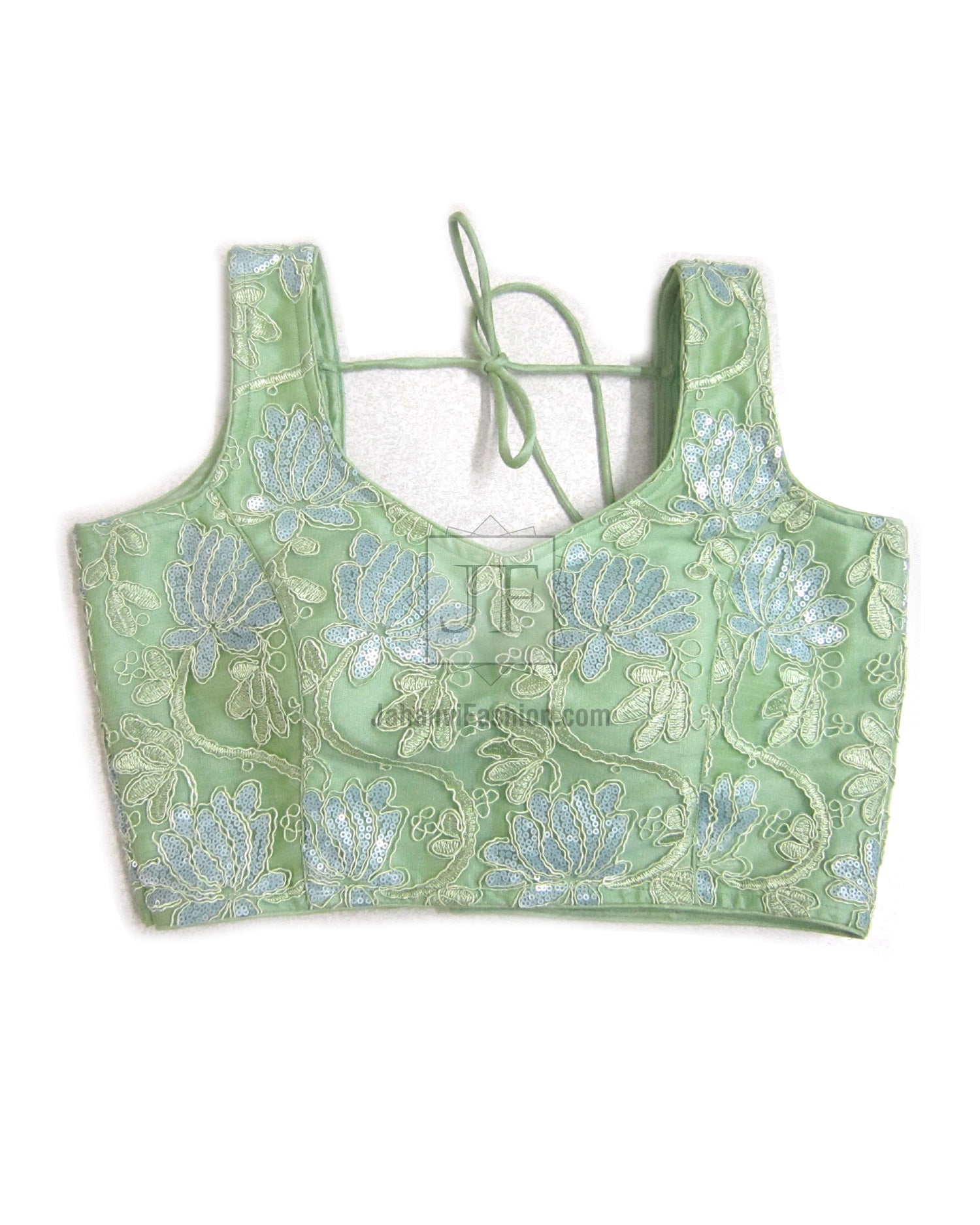 Light green embroidered saree blouse with sweetheart neck and 3/4 sleeves