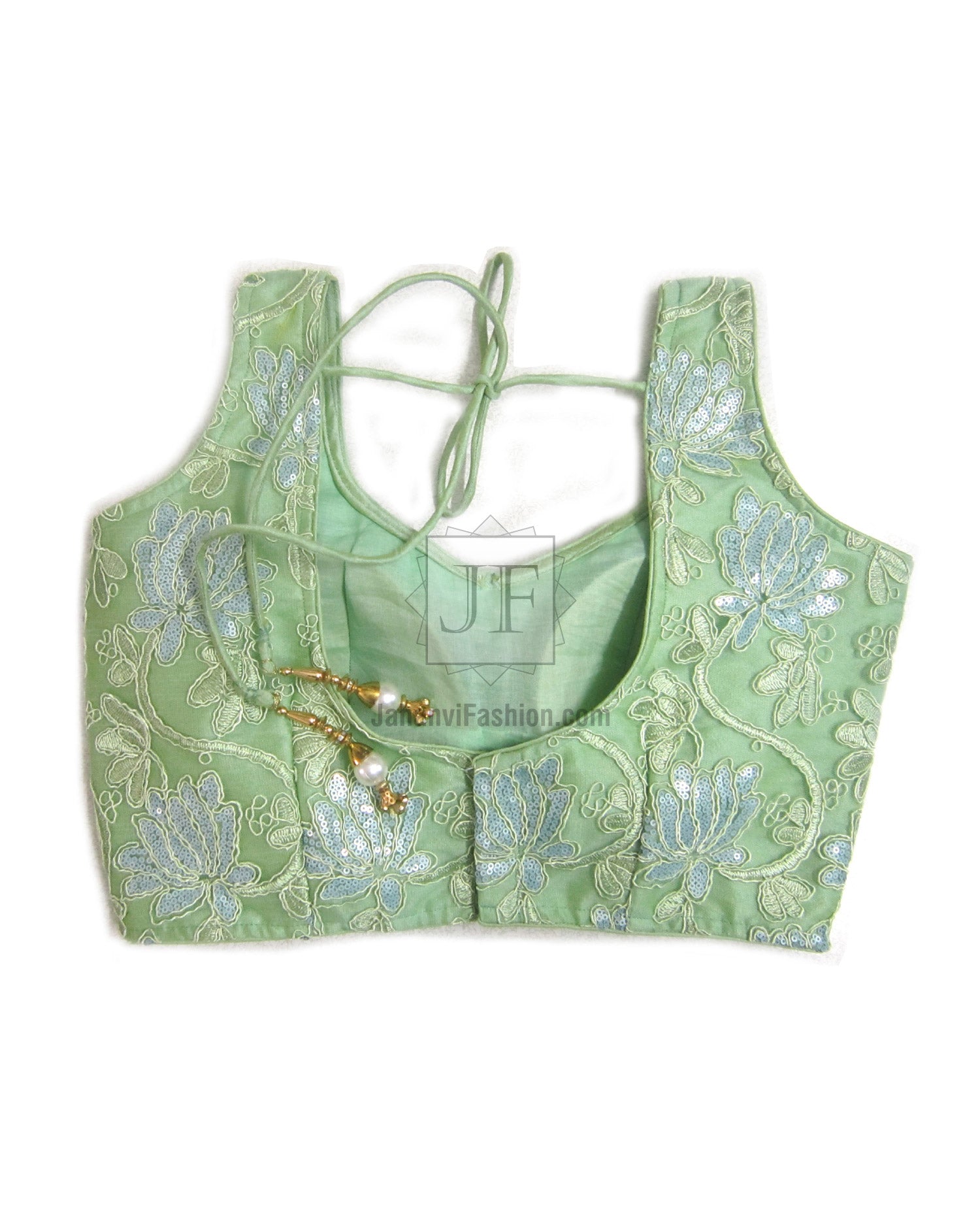 Light green embroidered saree blouse with sweetheart back tie and 3/4 sleeves