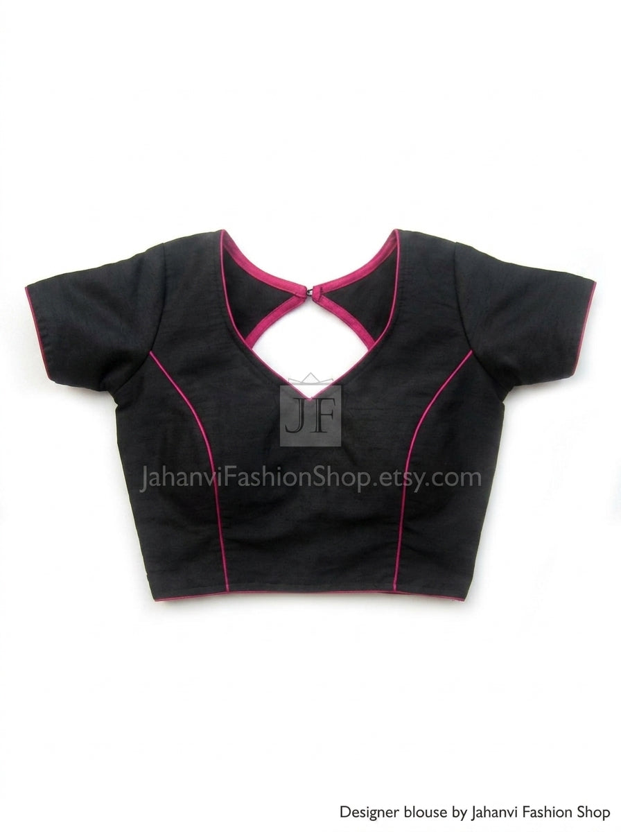Black short-sleeve saree blouse crop top with round cutout neckline and pink trim
