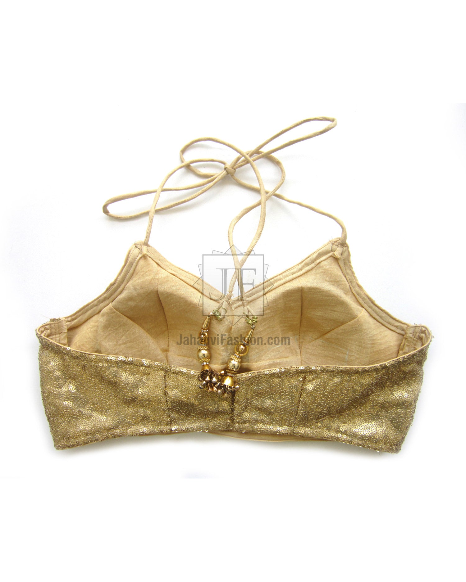 Golden sequin halter saree blouse with front hook detail, tie straps
