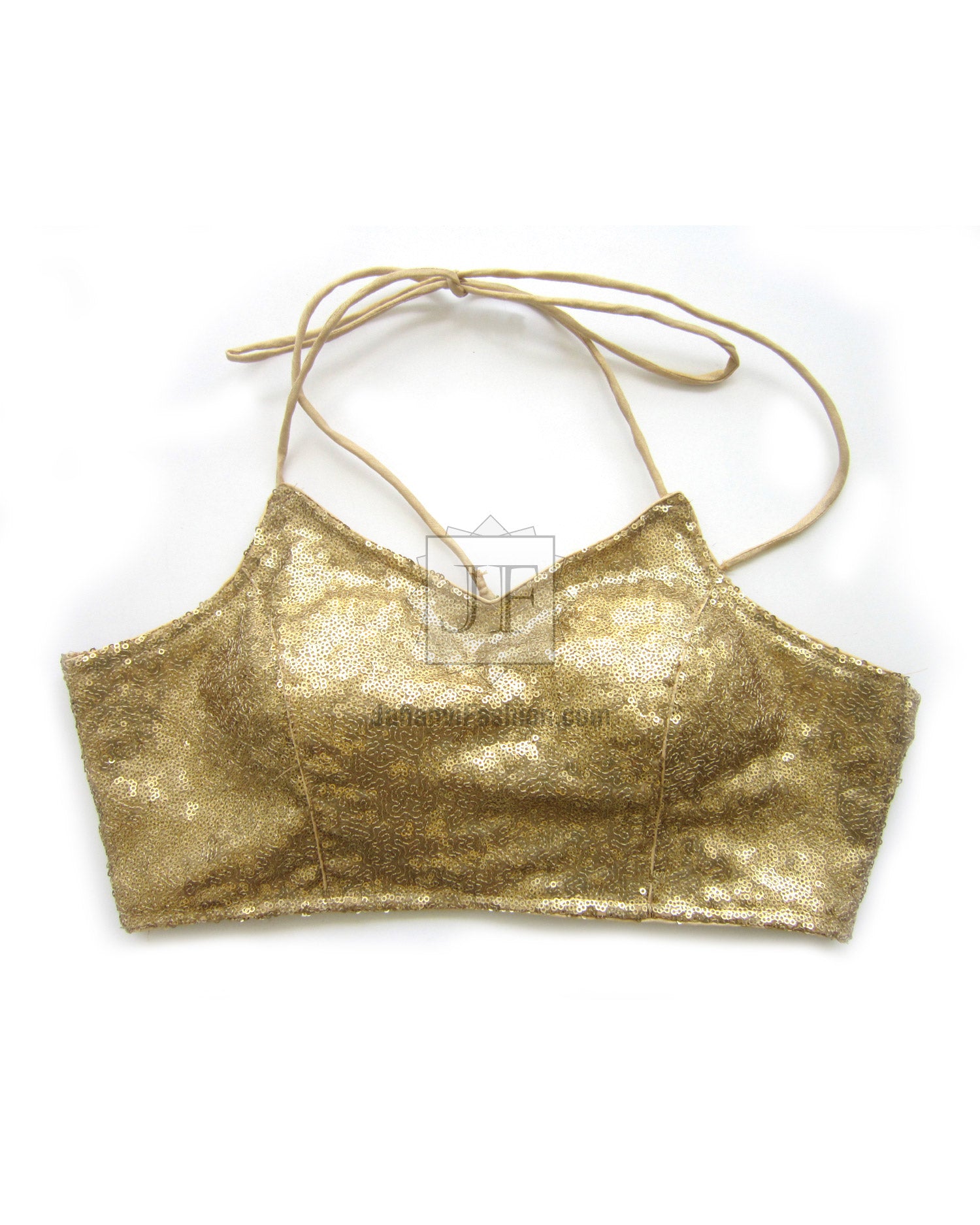 Golden sequin halter saree blouse with tie straps, backless