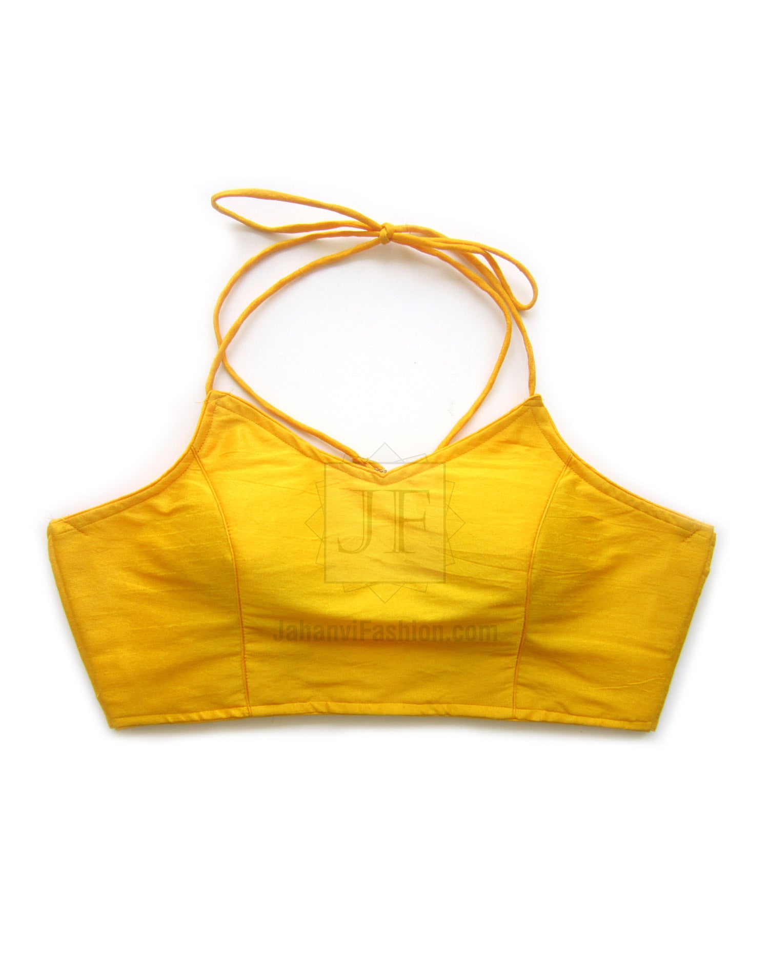 Yellow halter backless saree blouse with overhead tie straps, sleeveless fitted front
