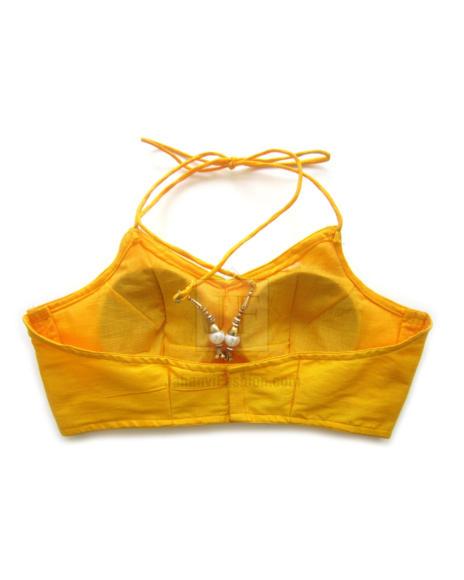 Yellow halter backless saree blouse with cross tie straps and small center embellishment