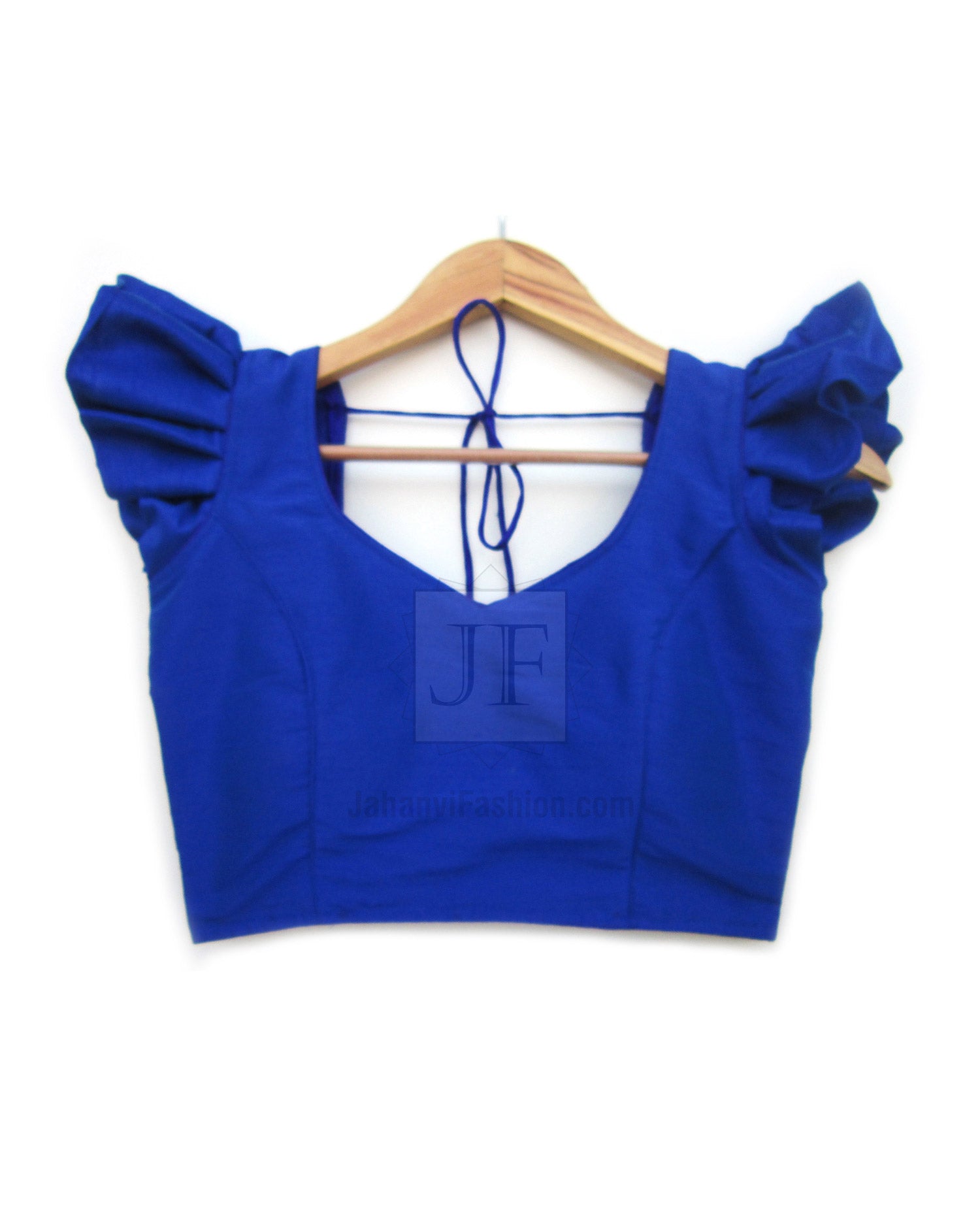 Royal blue saree blouse with frill cap sleeves and tailored bodice, front view
