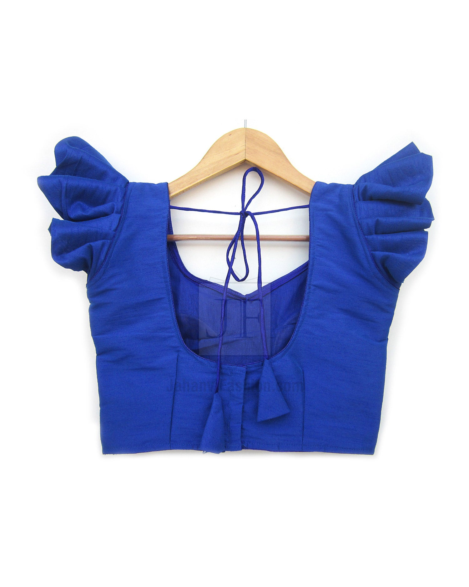 Royal blue saree blouse with frill cap sleeves and open back tie lacing, back view