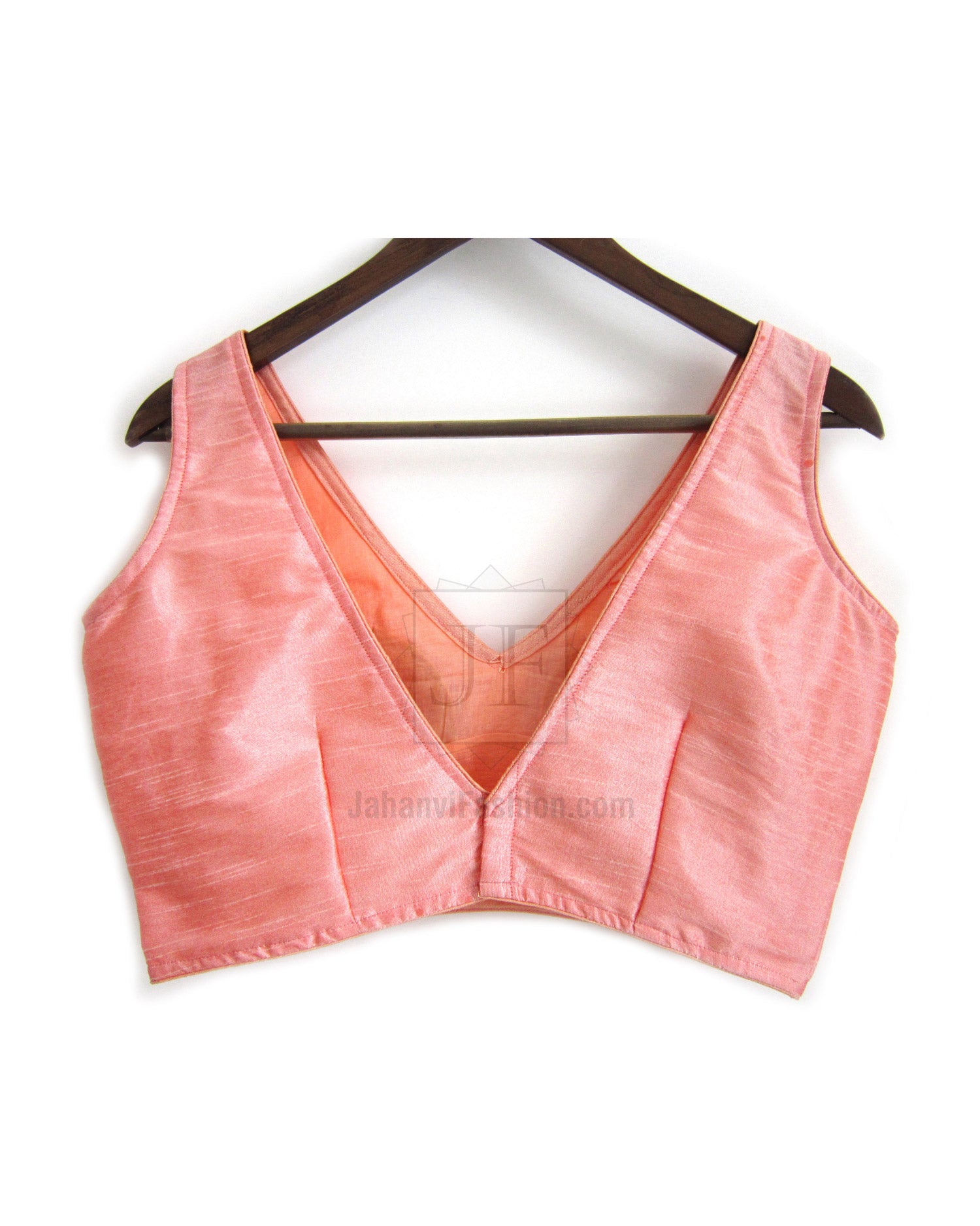 Peach silk V-neck sleeveless blouse top, cropped hem and clean stitched edges
