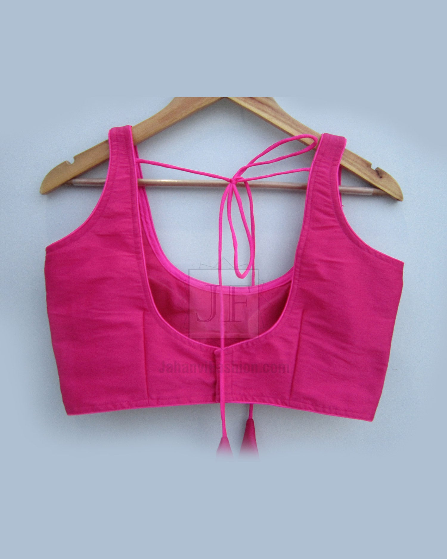 Fuchsia semi-halter saree blouse, open back with tie strings, sleeveless front