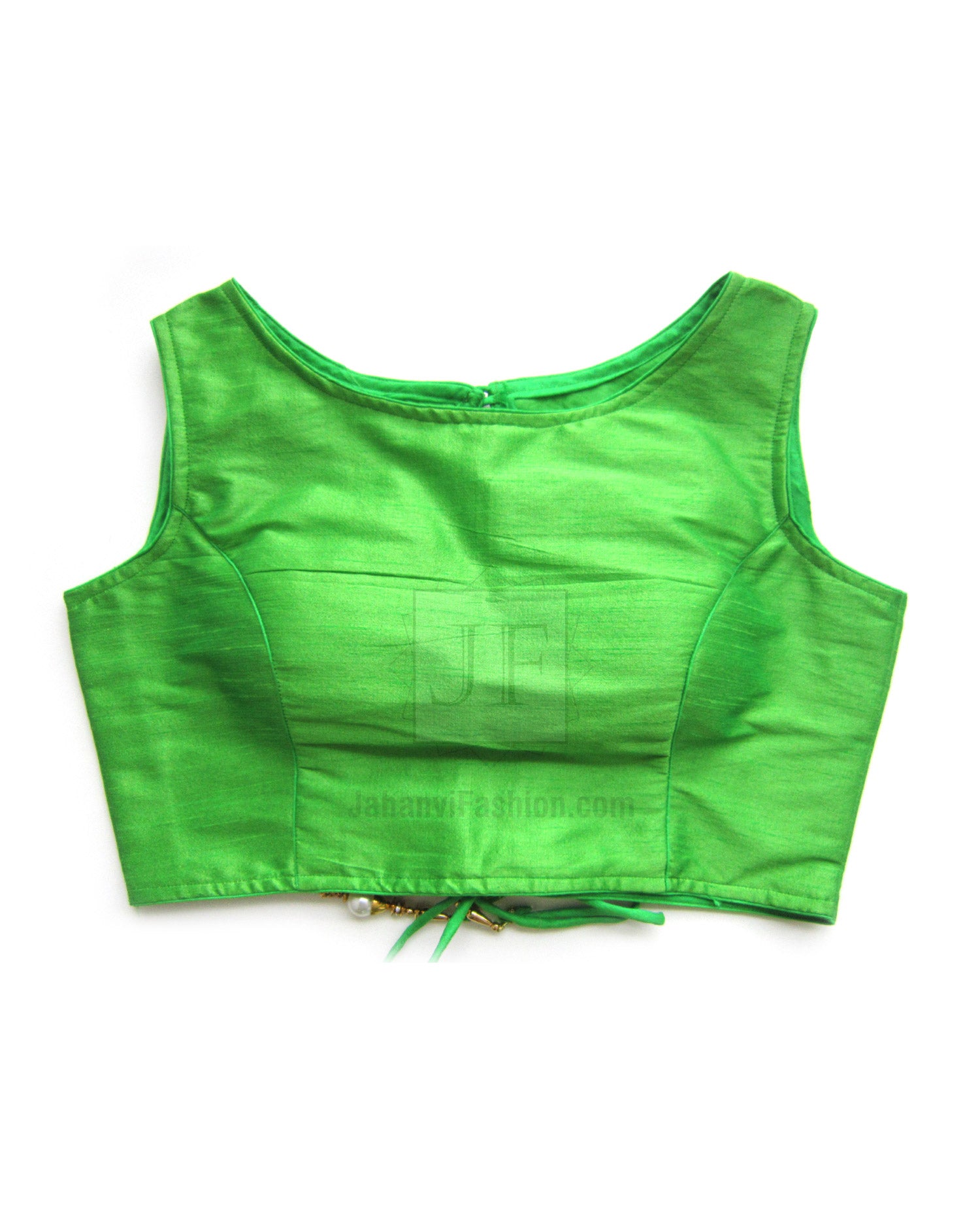 Green sleeveless boat-neck saree blouse, front view with fitted seams