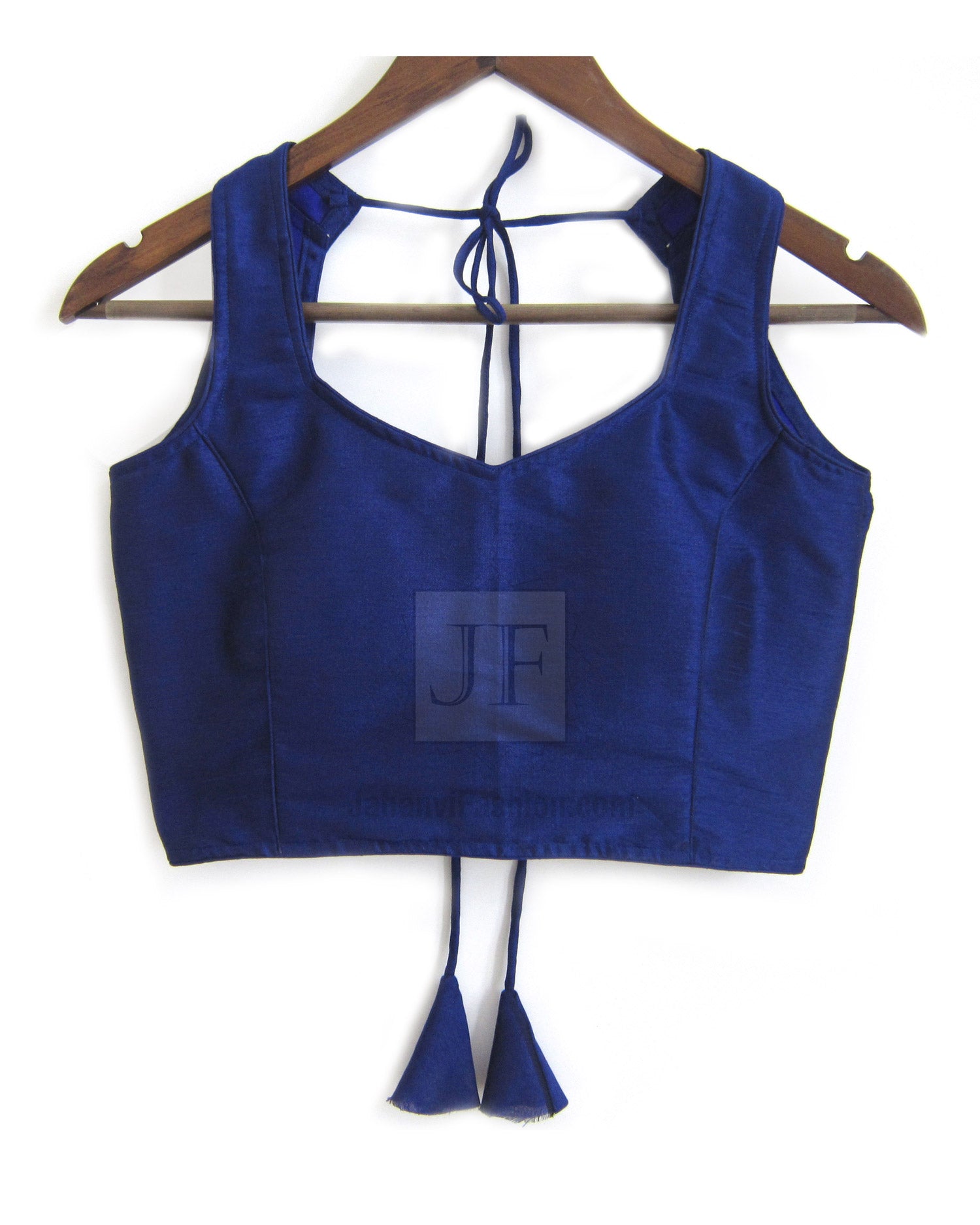 Blue semi halter sleeveless saree blouse with open back and tie strings