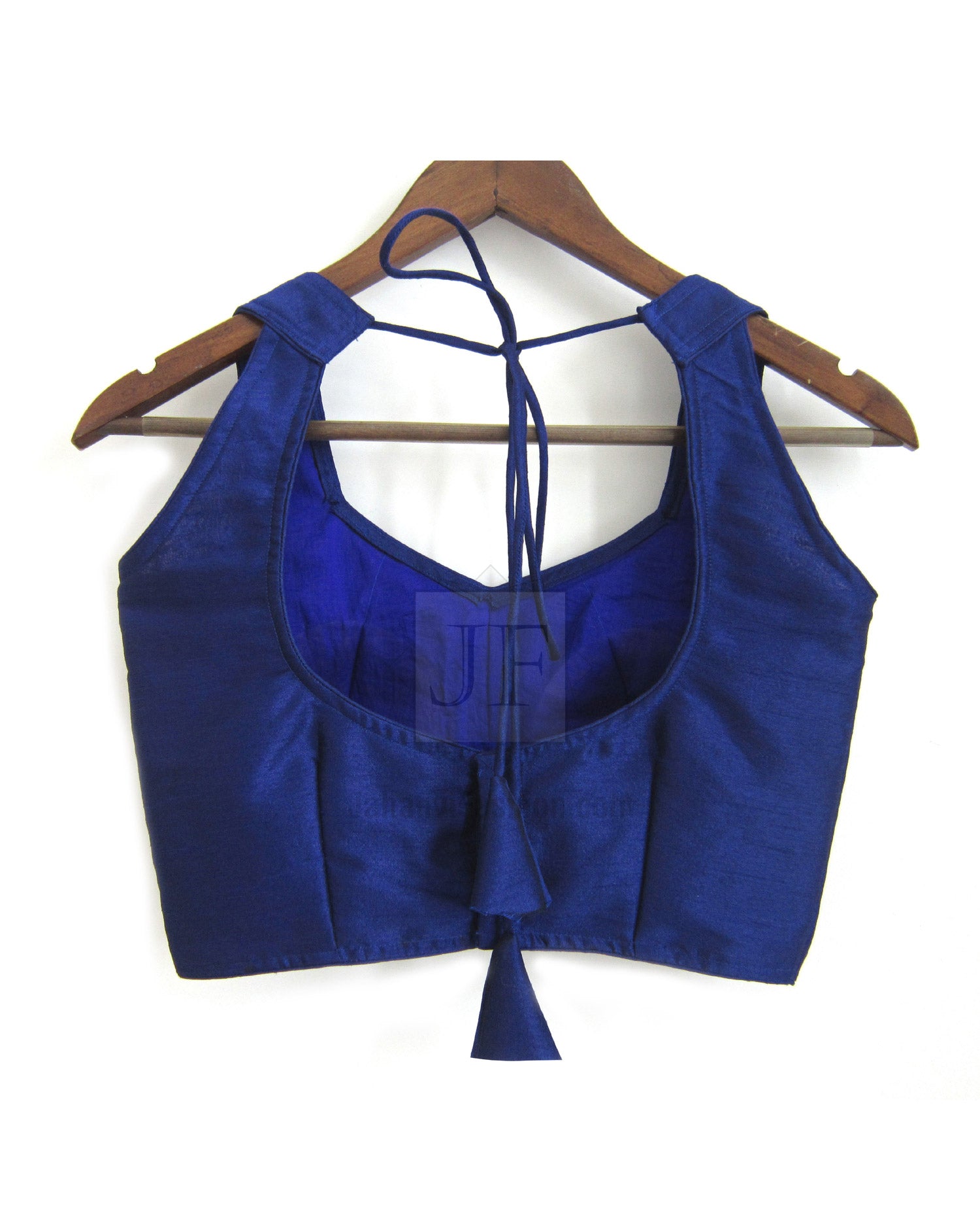 Blue semi halter sleeveless saree blouse, open back with crisscross tie straps