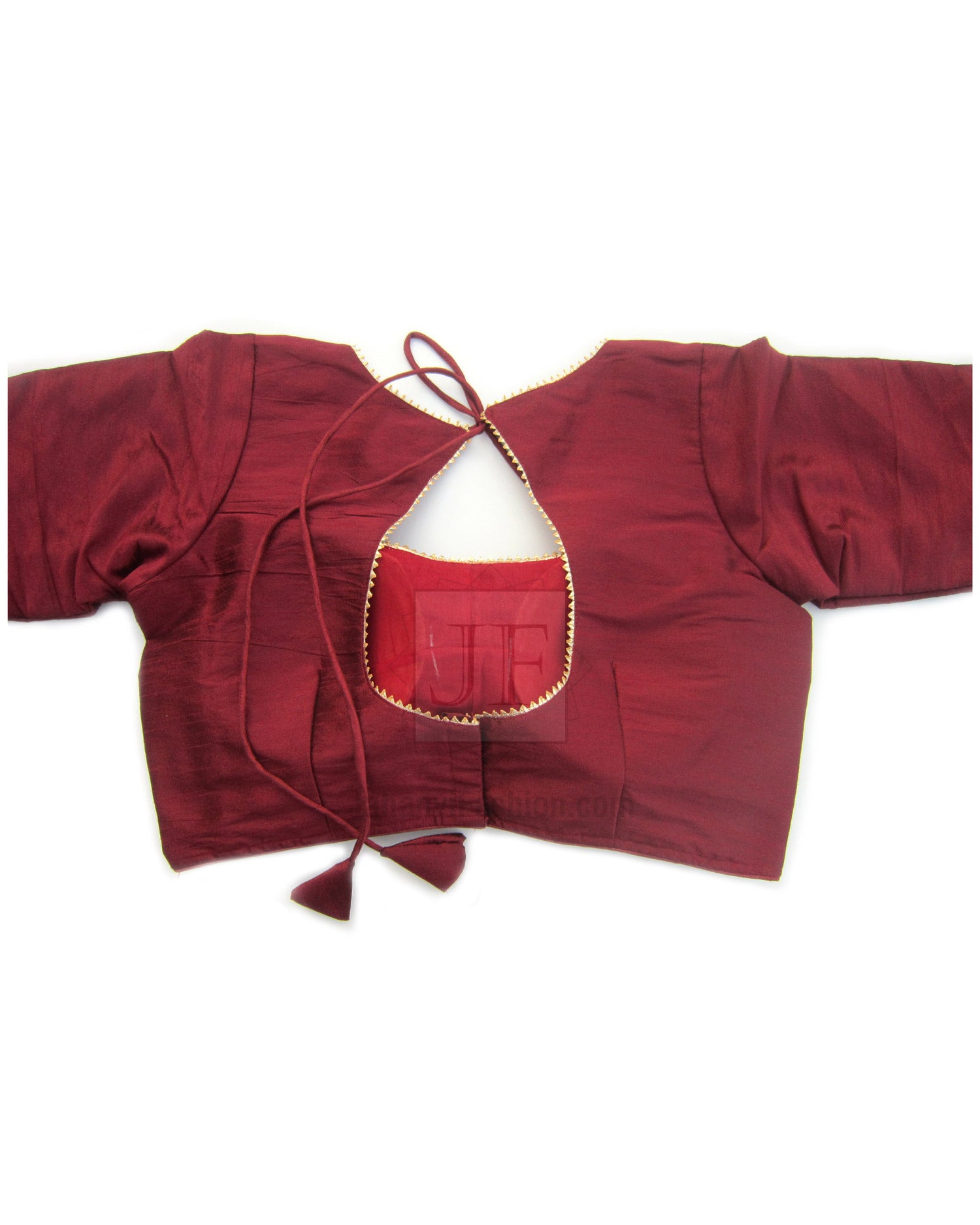 Maroon saree blouse with golden lace back panel and tie strings, elbow sleeves
