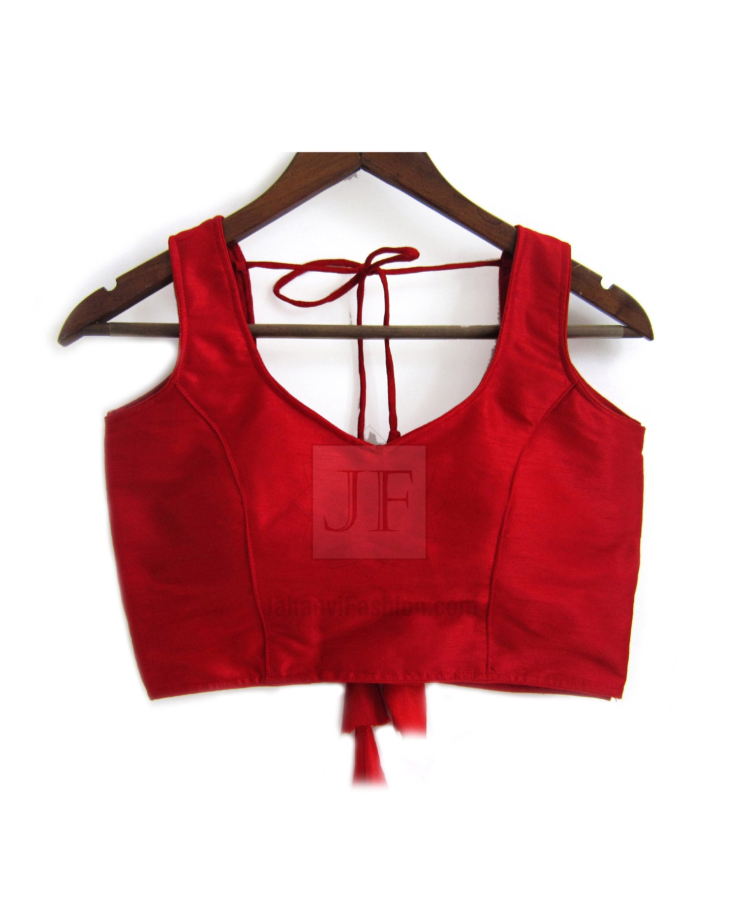 Red sleeveless saree blouse back with deep U cutout and lace-up ties