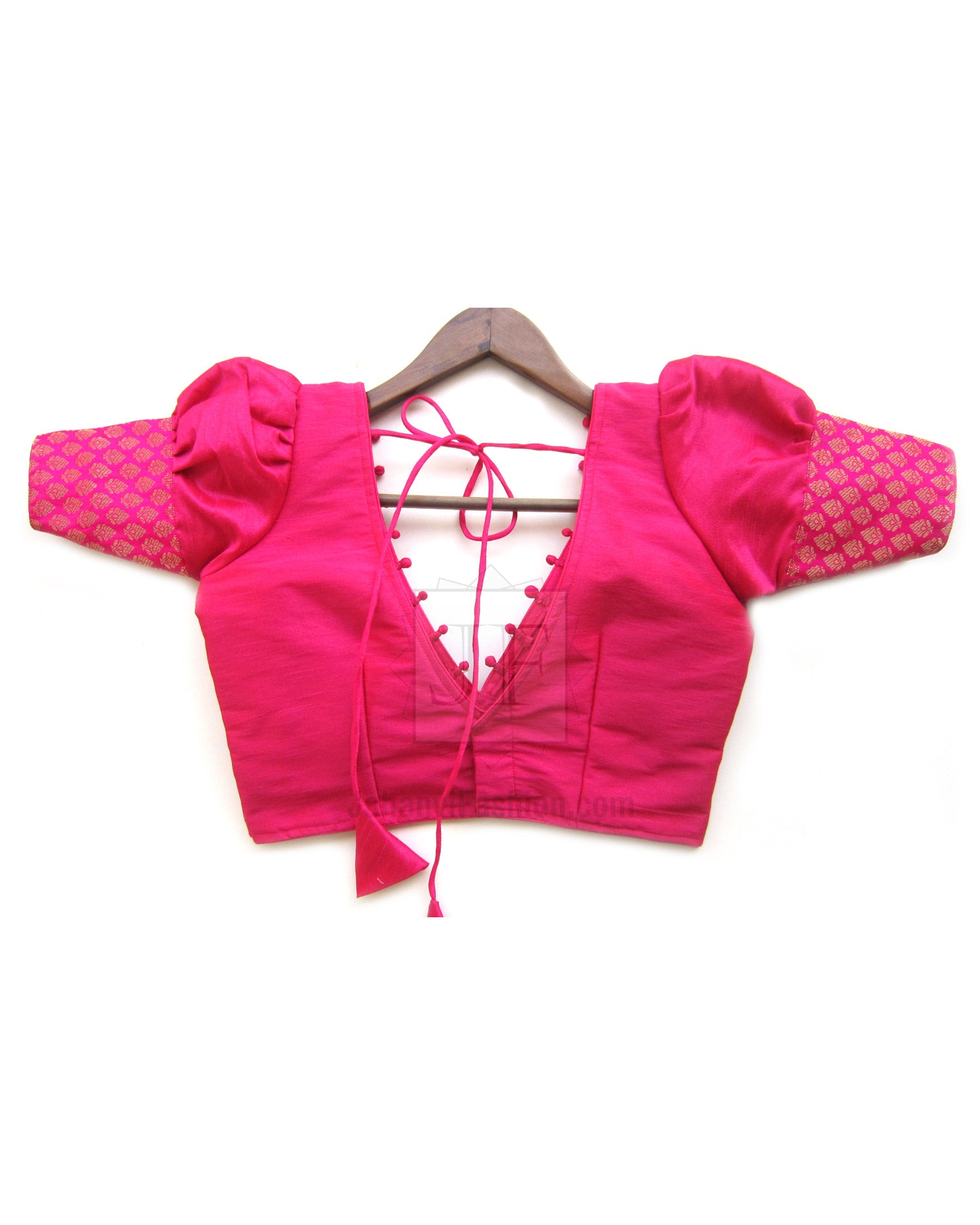 Magenta V-neck saree blouse with puff sleeves and lace-up front, short sleeves