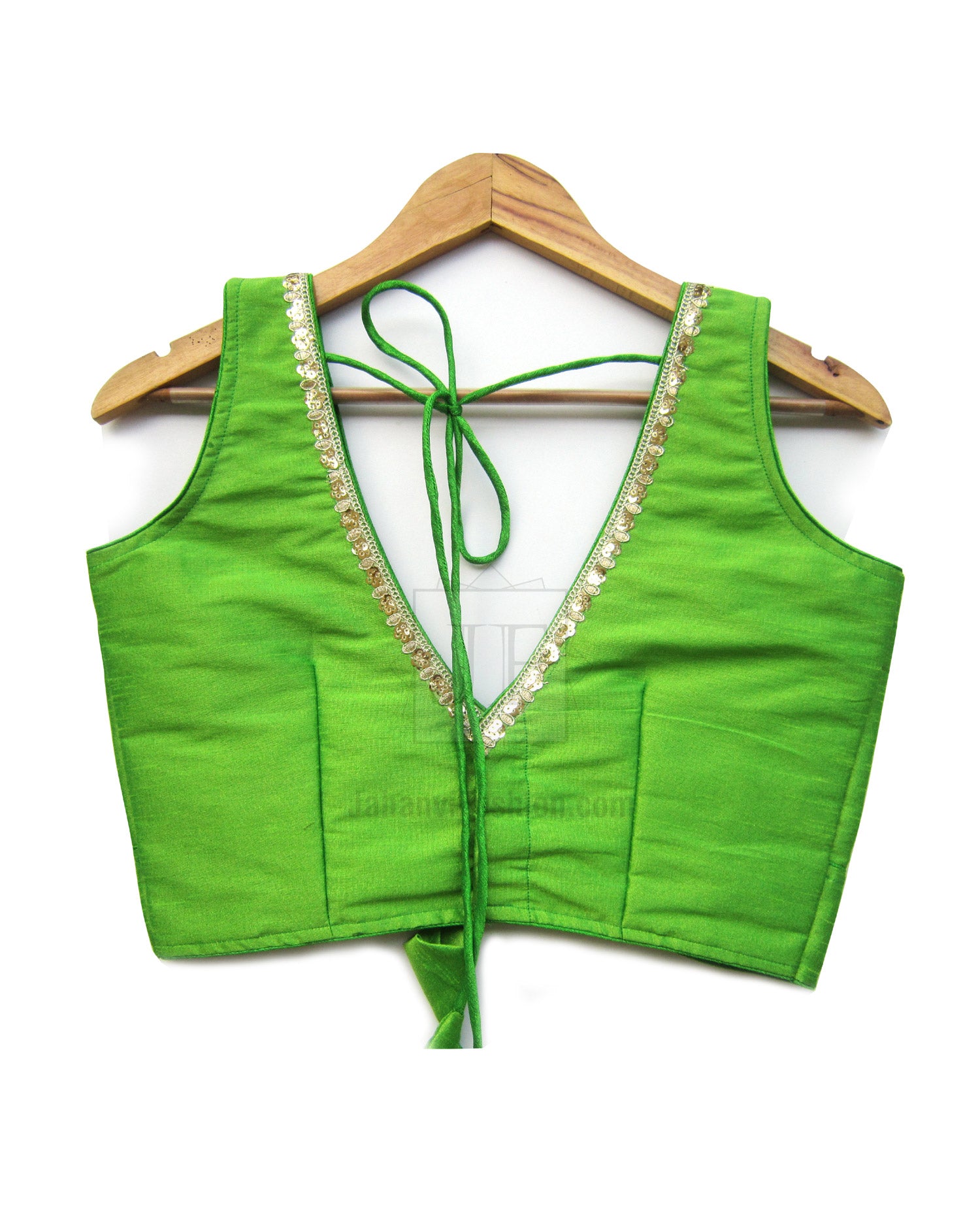 Green saree crop top with V-shaped back tie and contrast trim