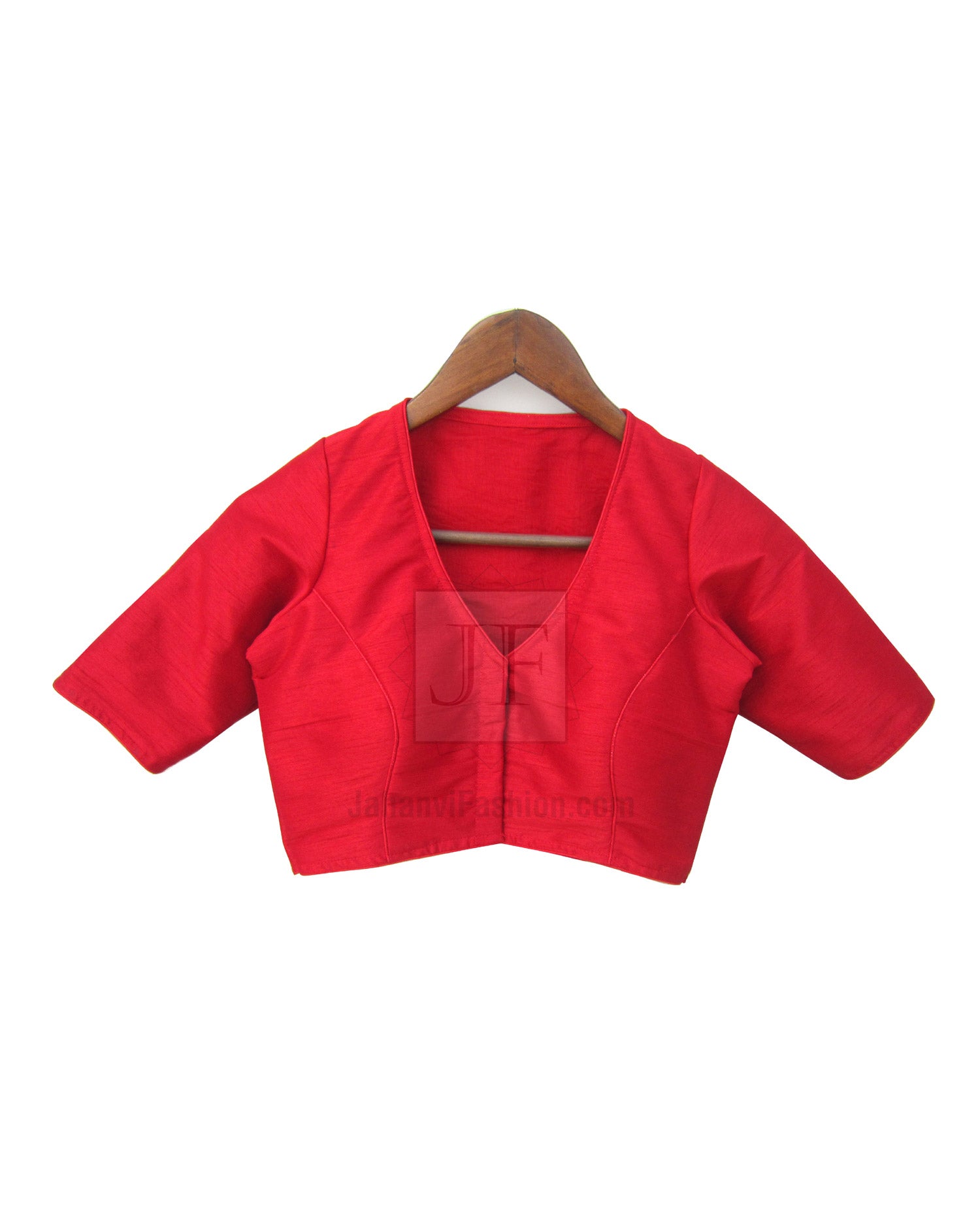 Red V-neck saree blouse, short sleeves, cropped front view on hanger