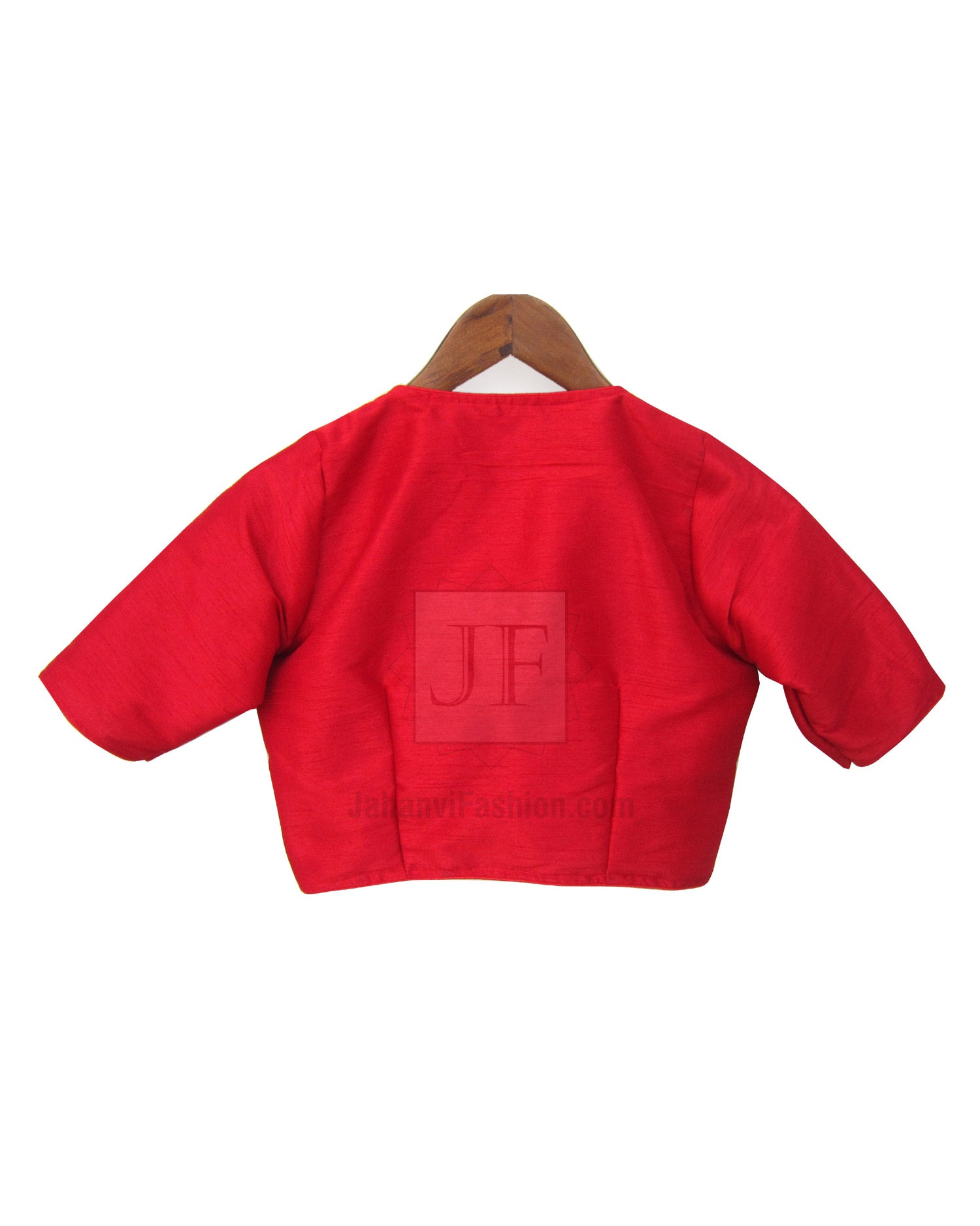 Red V-neck saree blouse, short sleeves, cropped back view on hanger