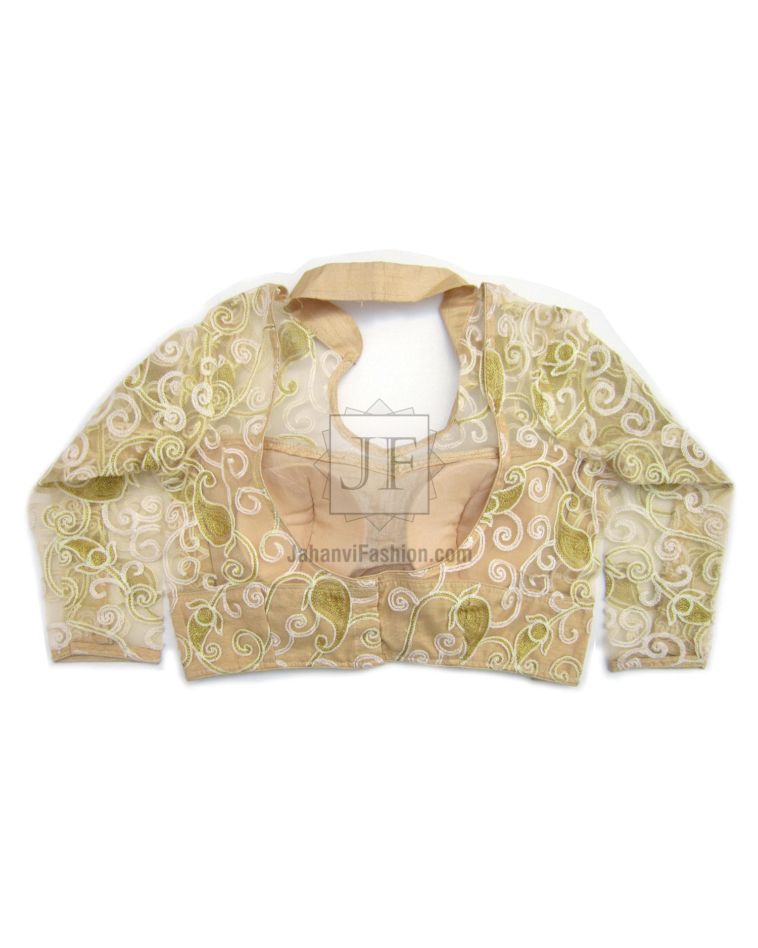 Gold and cream embroidered saree blouse with square neckline, long sleeves, swirl pattern