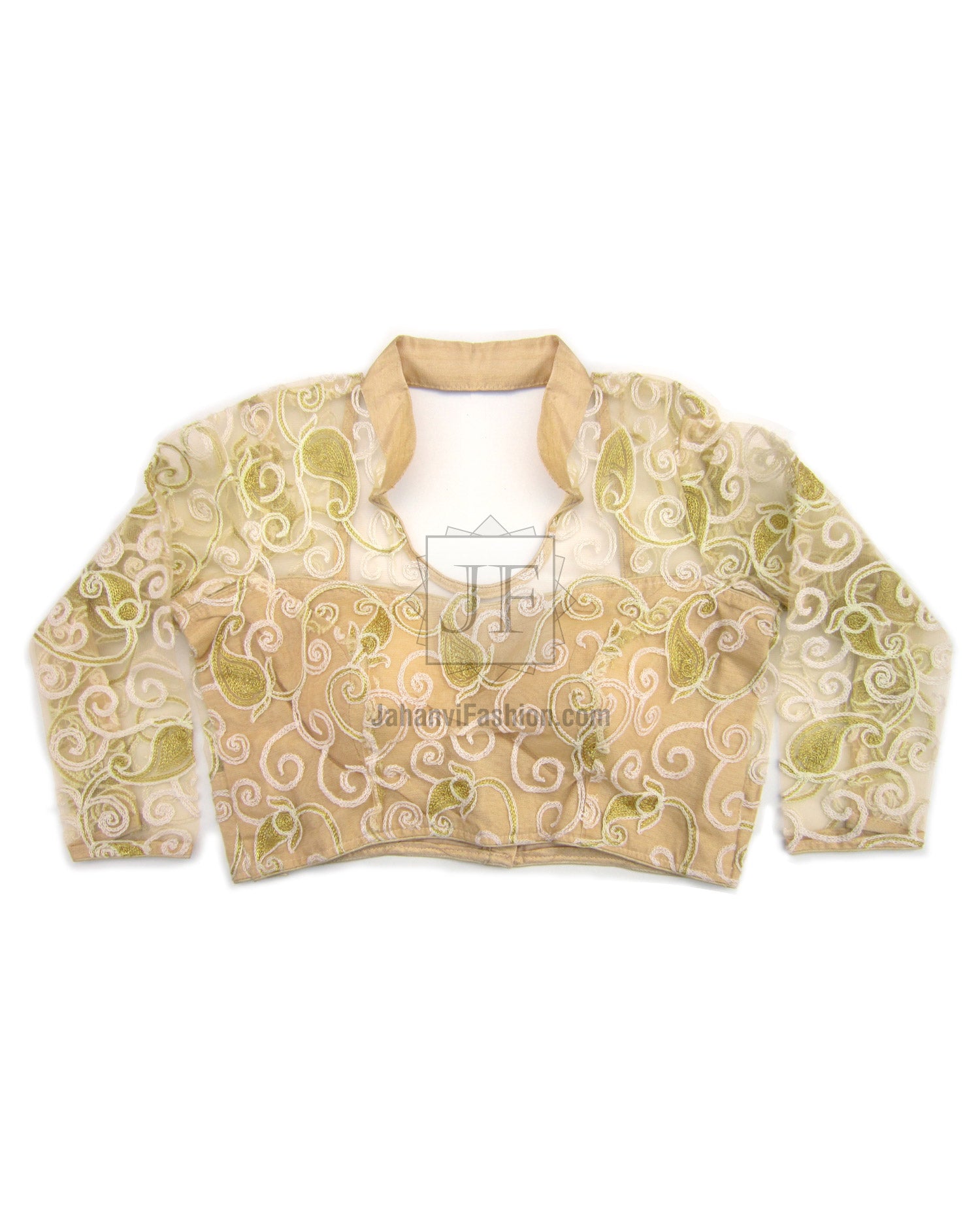 Gold embroidered saree blouse with round neckline, long sleeves, swirl pattern