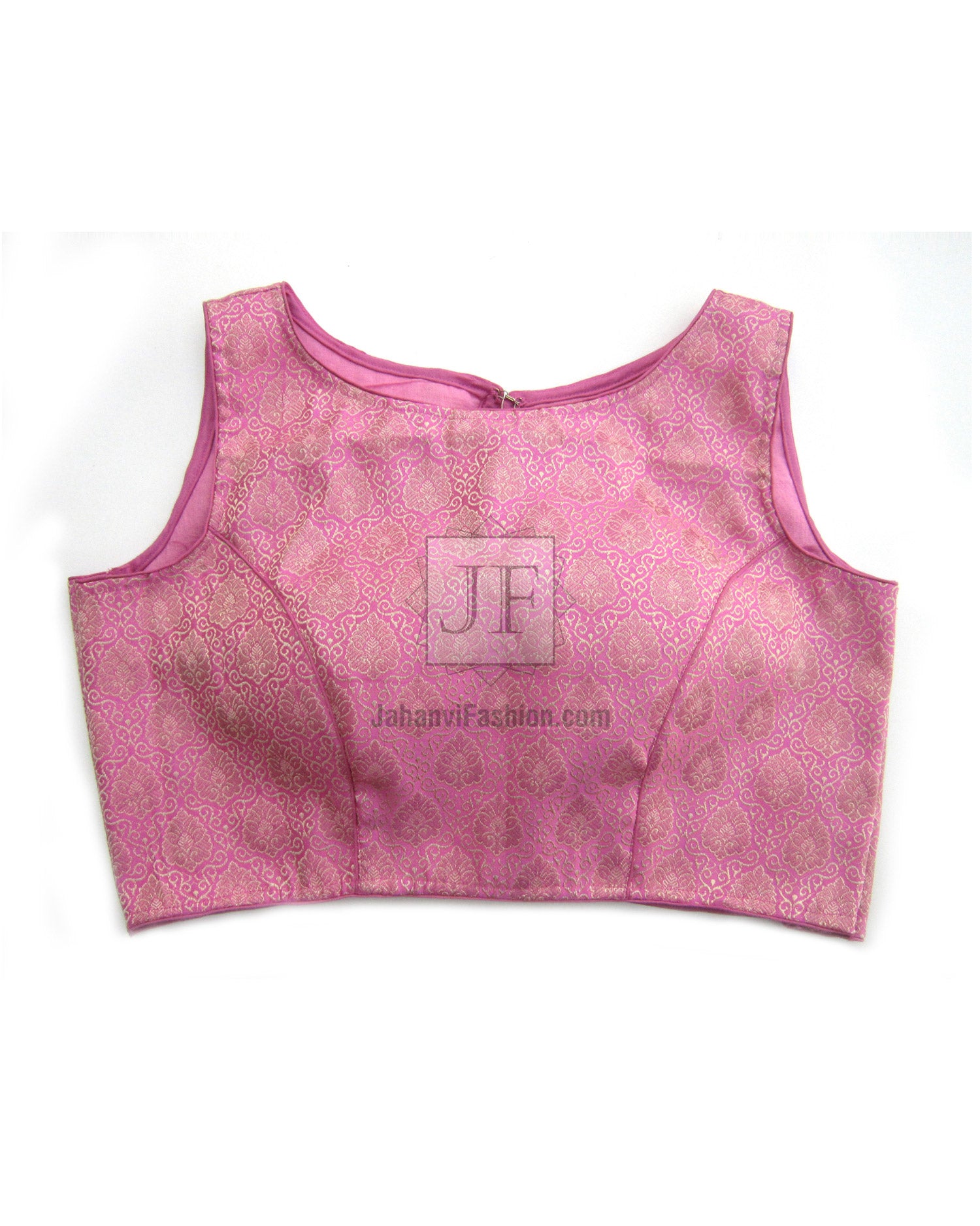 Magenta brocade saree blouse, sleeveless boat neck, tailored curved hem, smooth front
