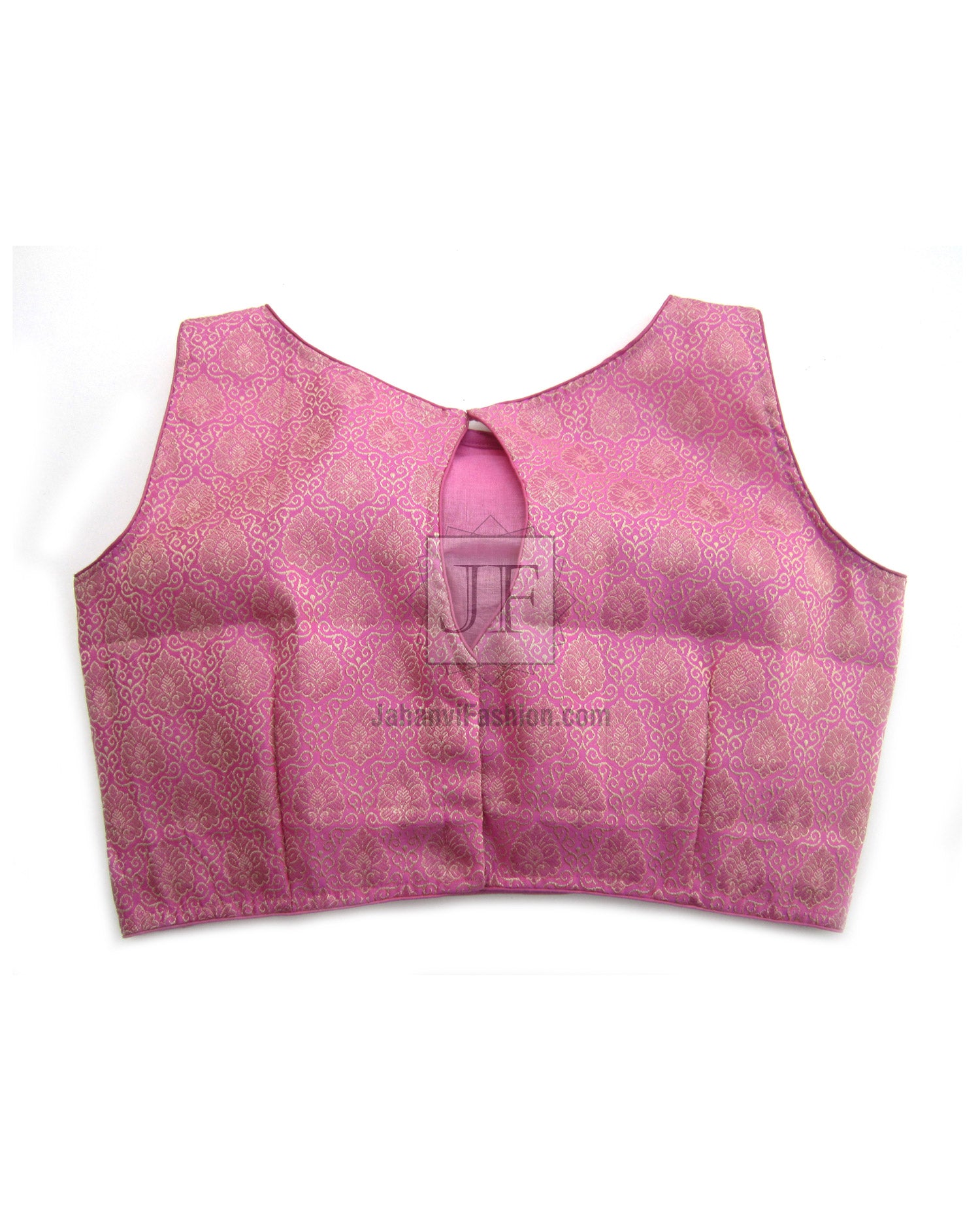 Magenta brocade saree blouse, sleeveless boat neck, front button placket, structured fit