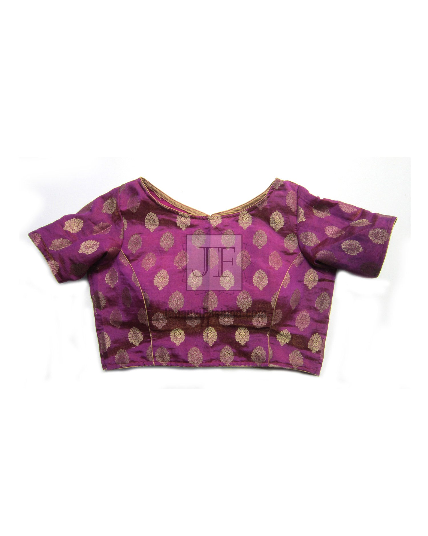 Women’s saree blouse crop top, round neck, short sleeves, magenta with gold brocade motifs