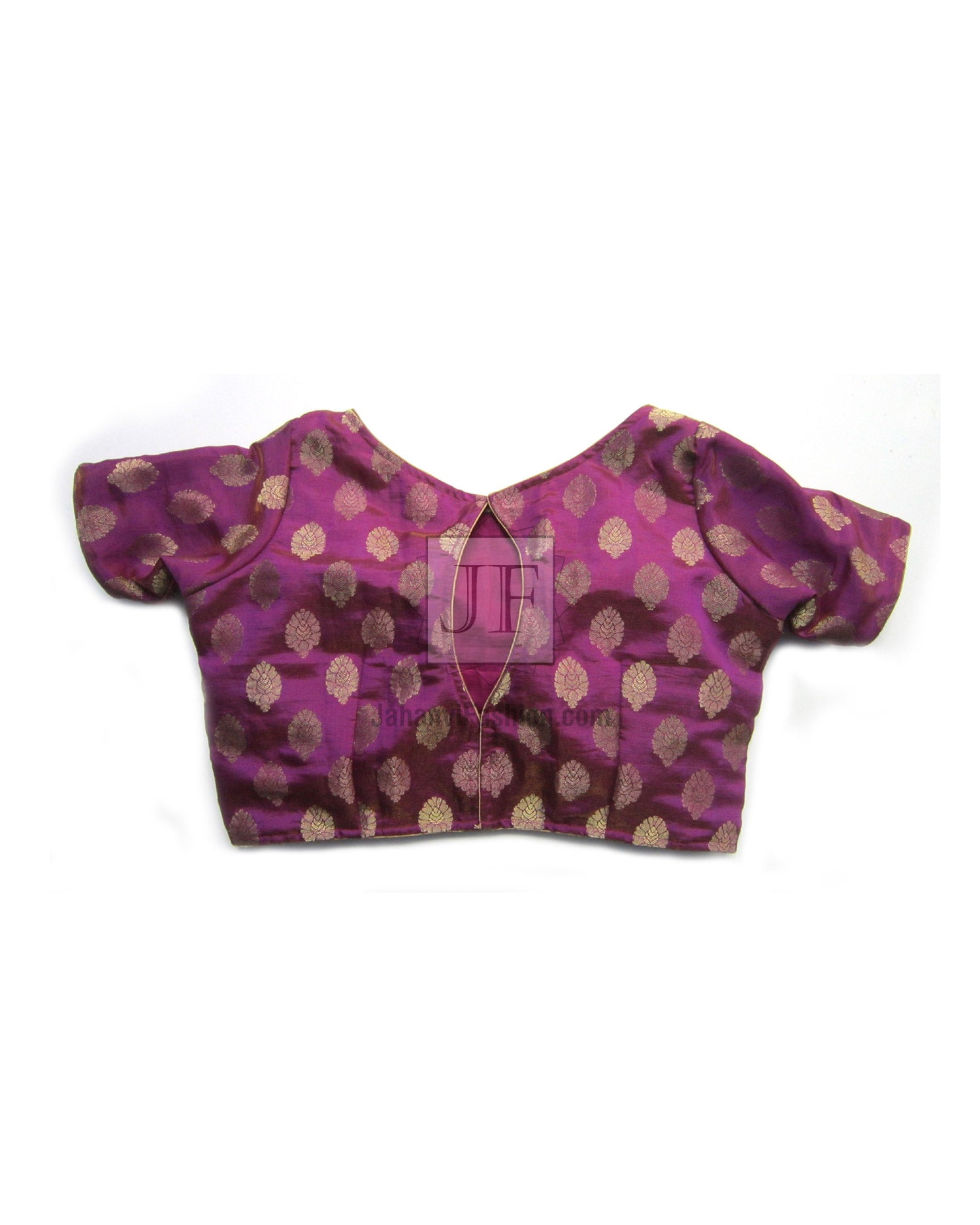 Women’s saree blouse crop top, short sleeves, magenta with gold brocade motifs and back keyhole