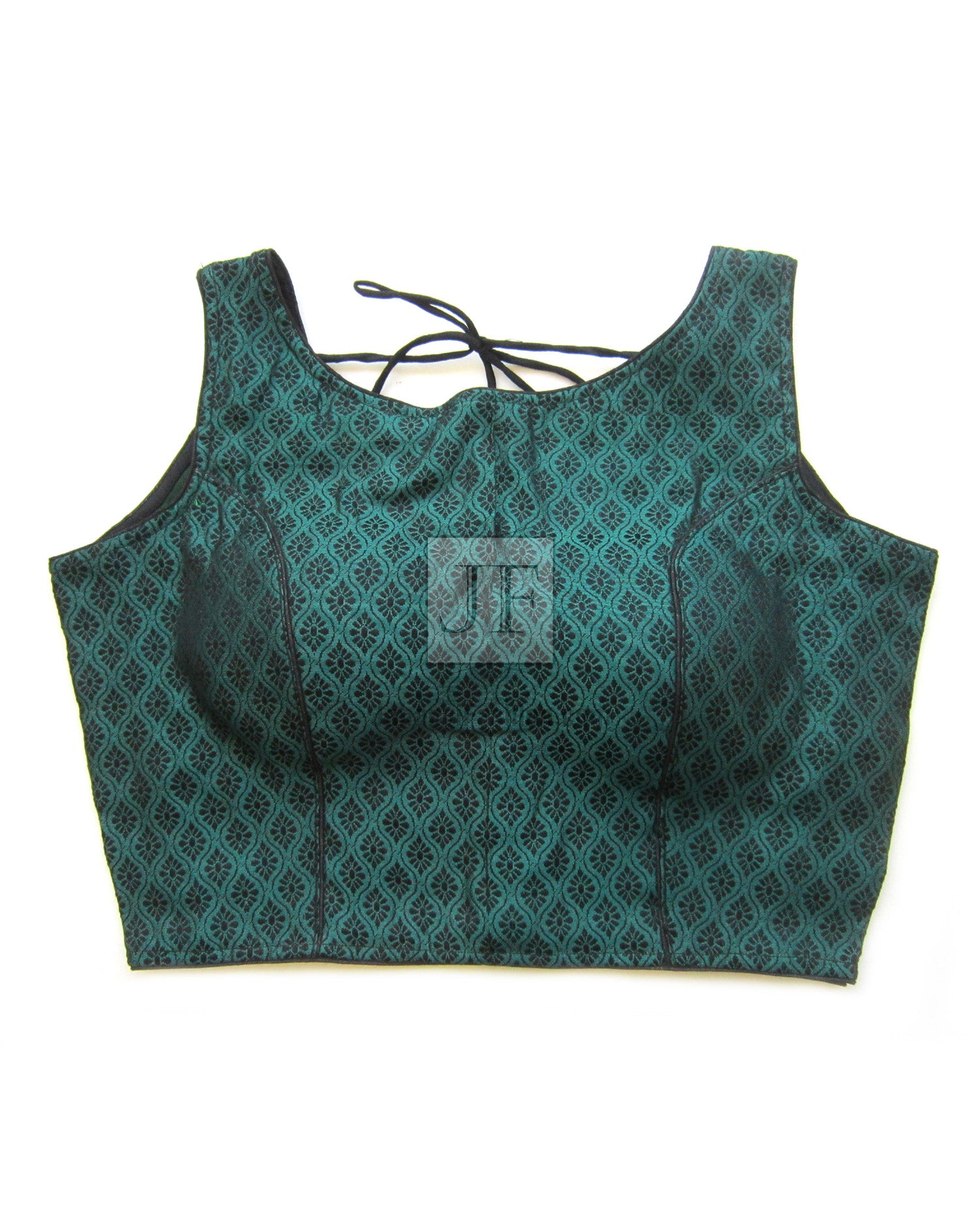 Saree Blouse: Teal Brocade Sleeveless - Boat Neck, Padded
