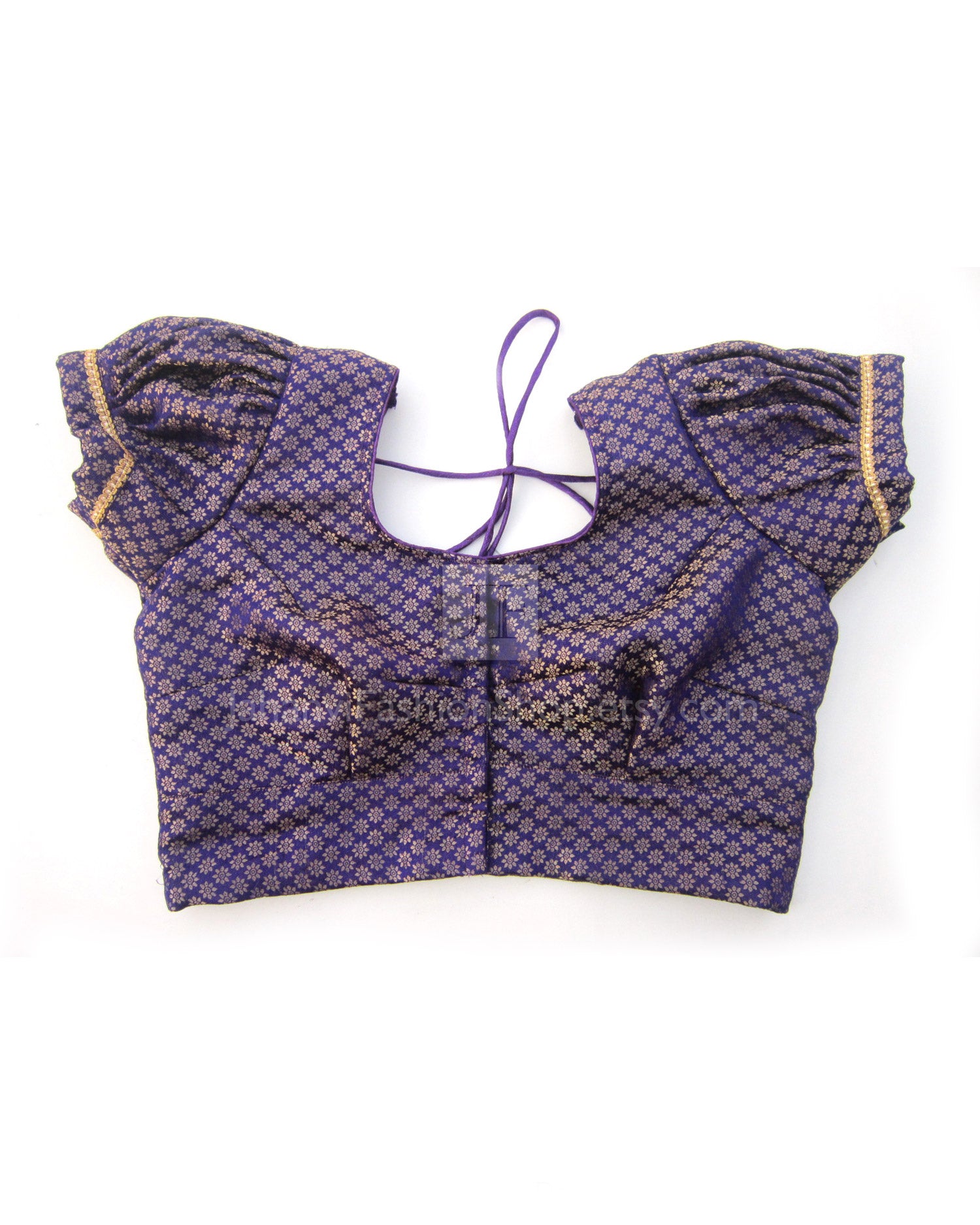 Dark purple brocade blouse with ruffled puff sleeves and front detailing
