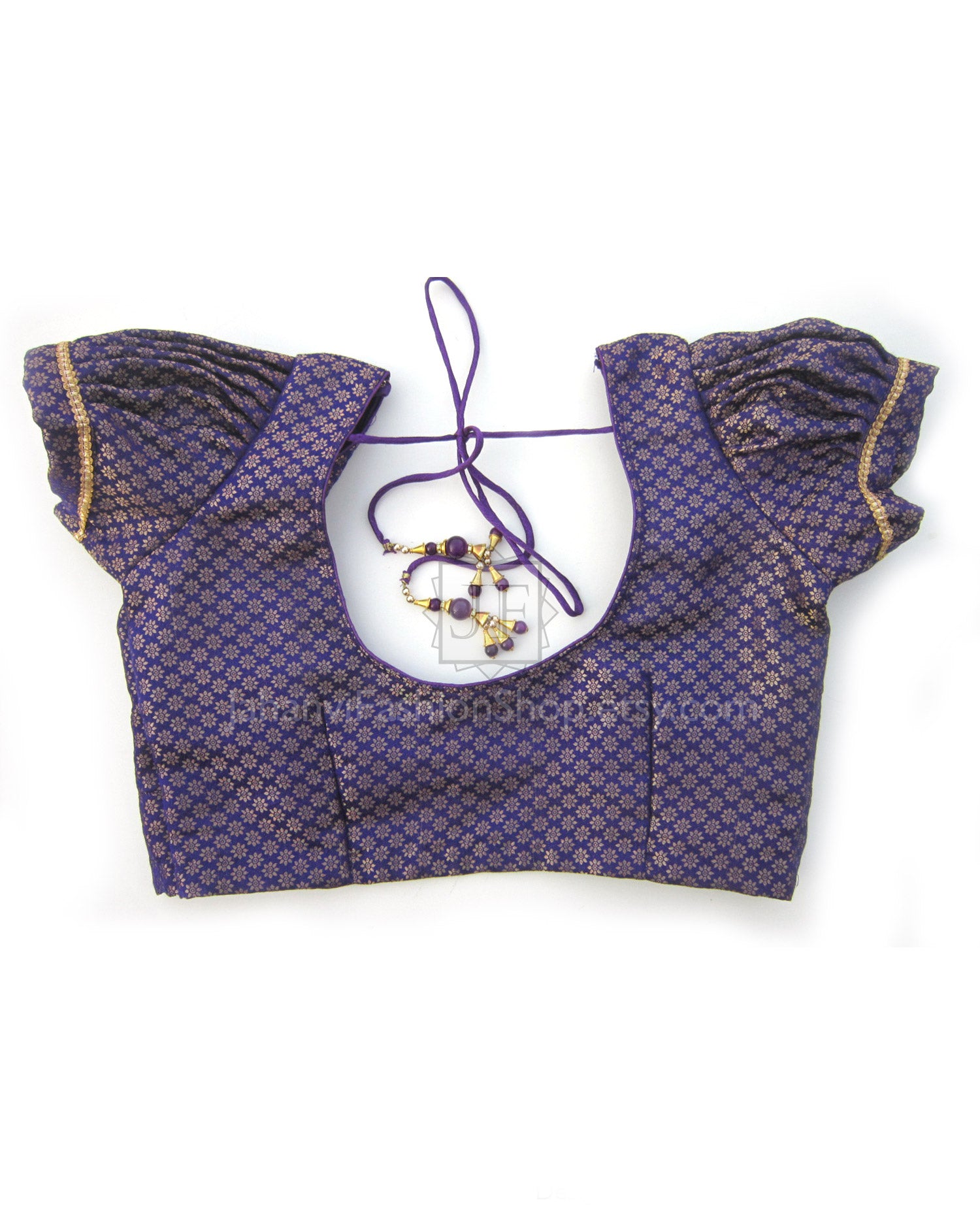 Dark purple brocade saree blouse with puff sleeves and lace-up tie back