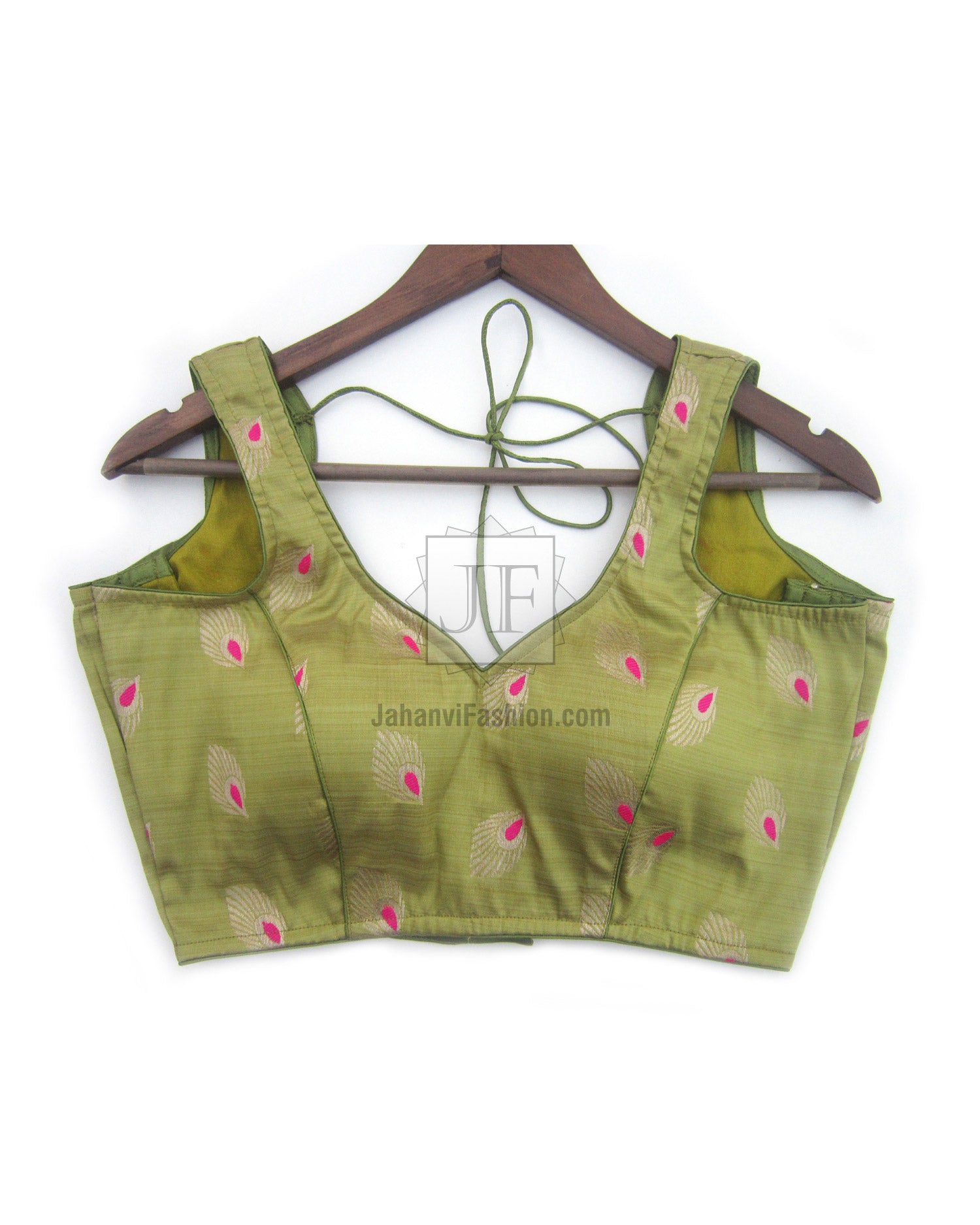 Olive green saree blouse with magenta leaf motifs, sleeveless square neckline, tie-back