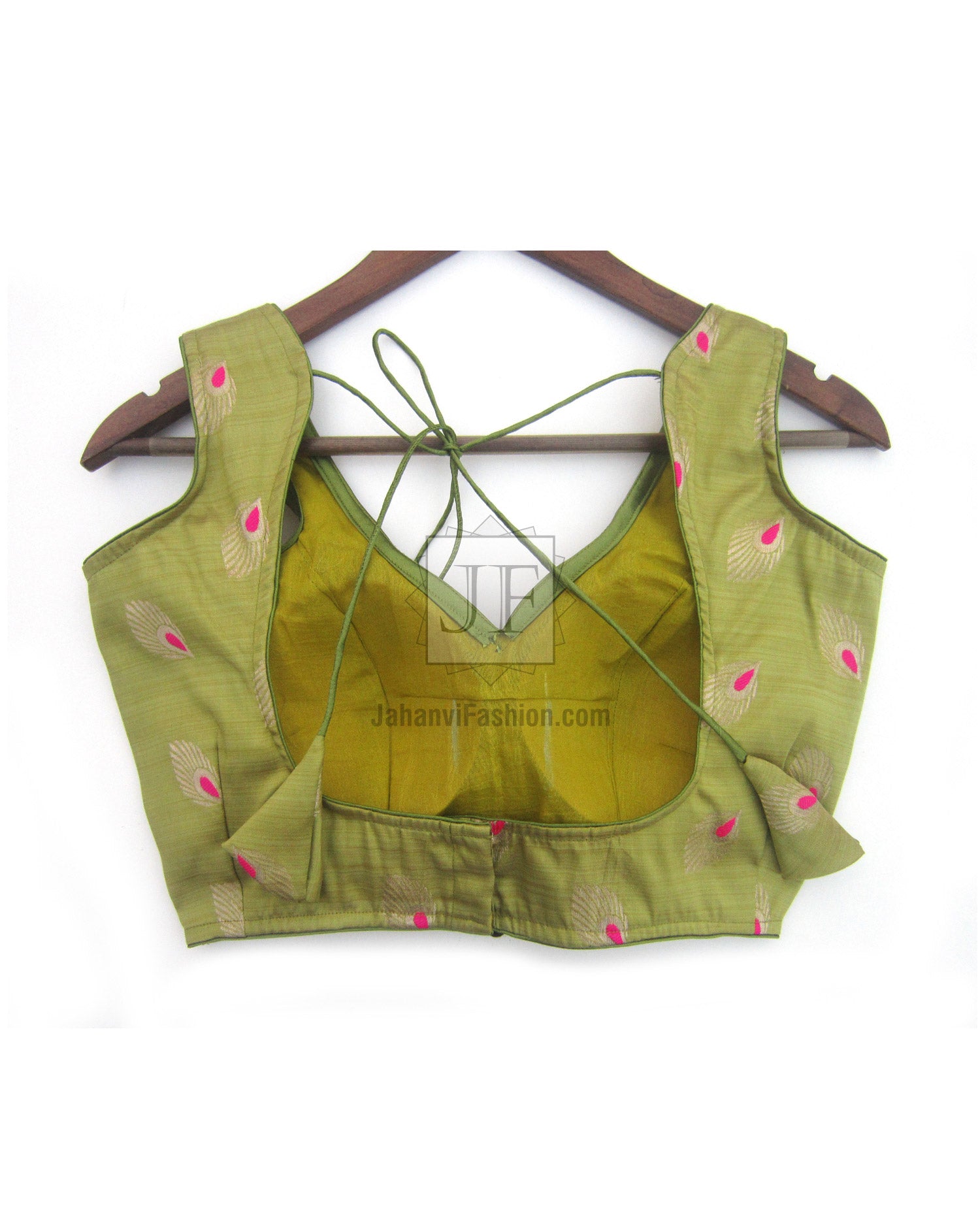 Sleeveless saree blouse in olive green with magenta leaf print and tie-back straps