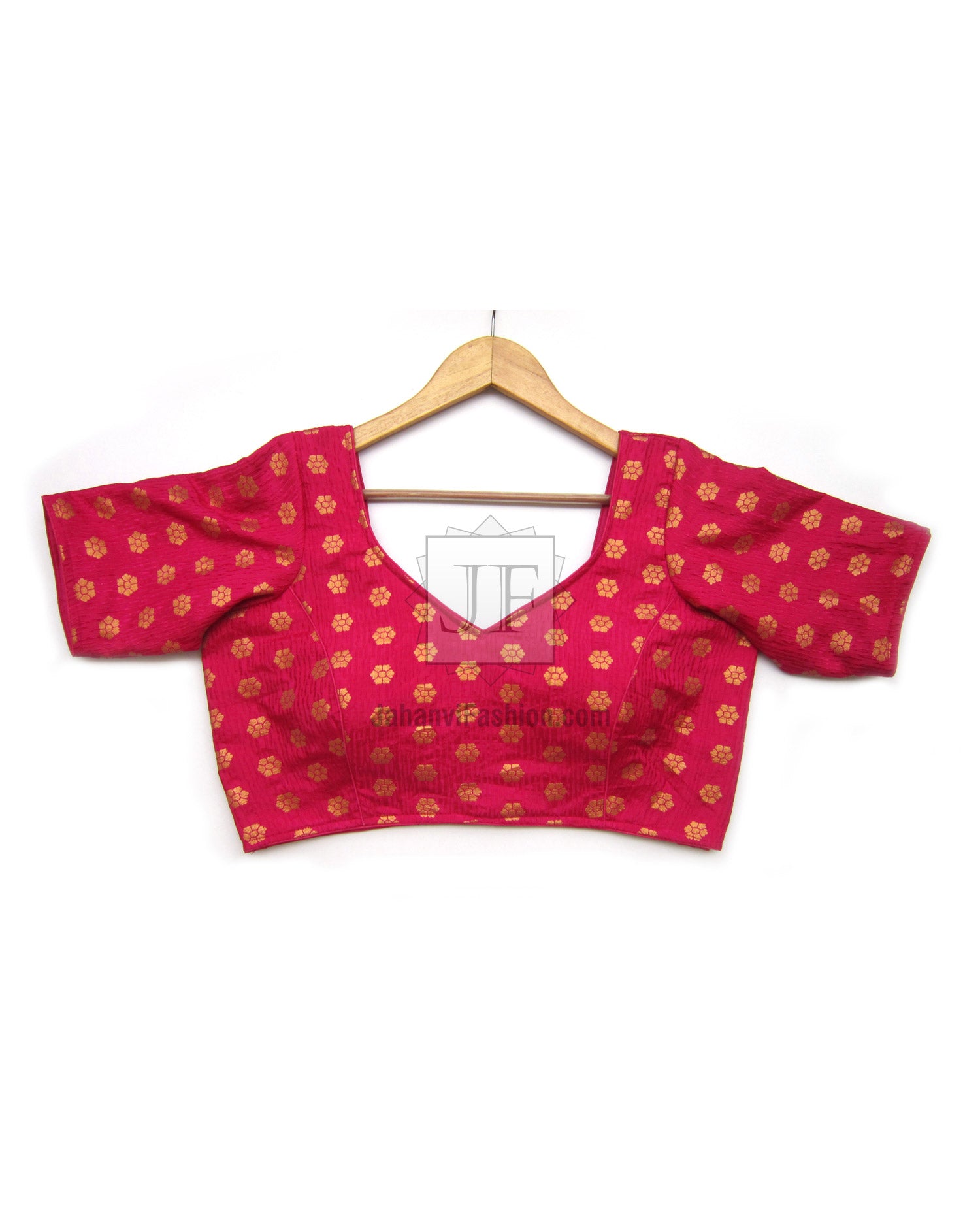 Magenta gold brocade blouse with sweetheart neck and short sleeves, cropped.