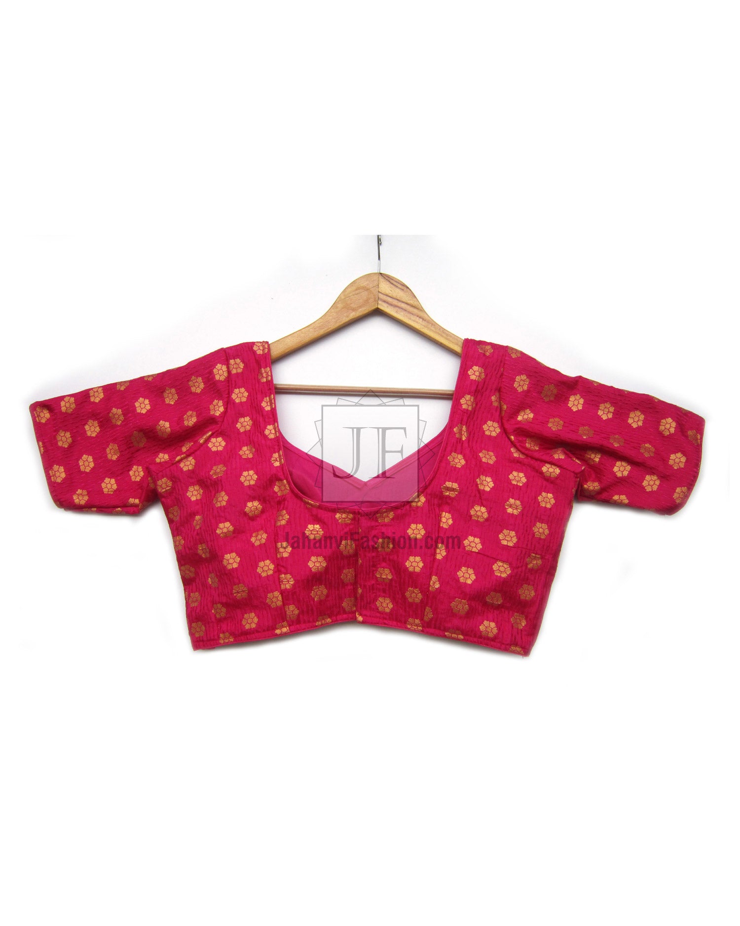 Magenta gold brocade blouse with sweetheart neckline and puff short sleeves, front view.