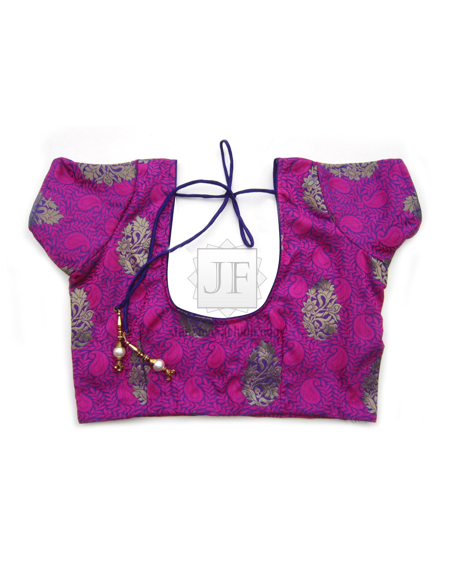 Magenta brocade crop saree blouse with round neck and lace-up back tie, puff sleeves.