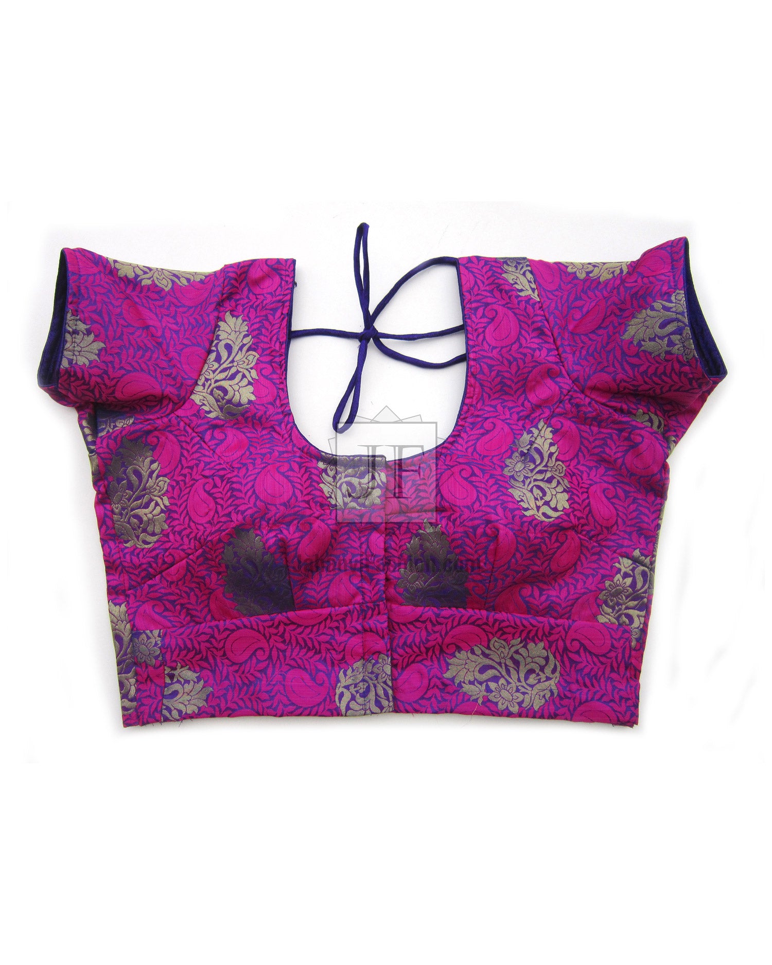 Magenta brocade crop saree blouse with round neck, lace-up back tie, short sleeves.