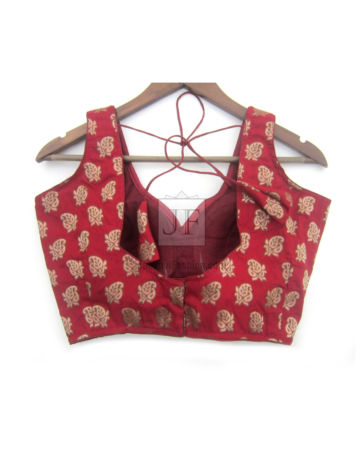 Sleeveless boat neck brocade blouse, red with gold motifs; crisscross tie at back