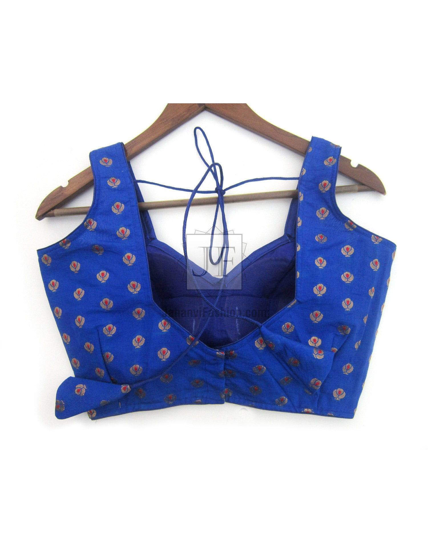 Blue sweetheart-neck saree blouse with embroidered motifs, front tie straps on hanger