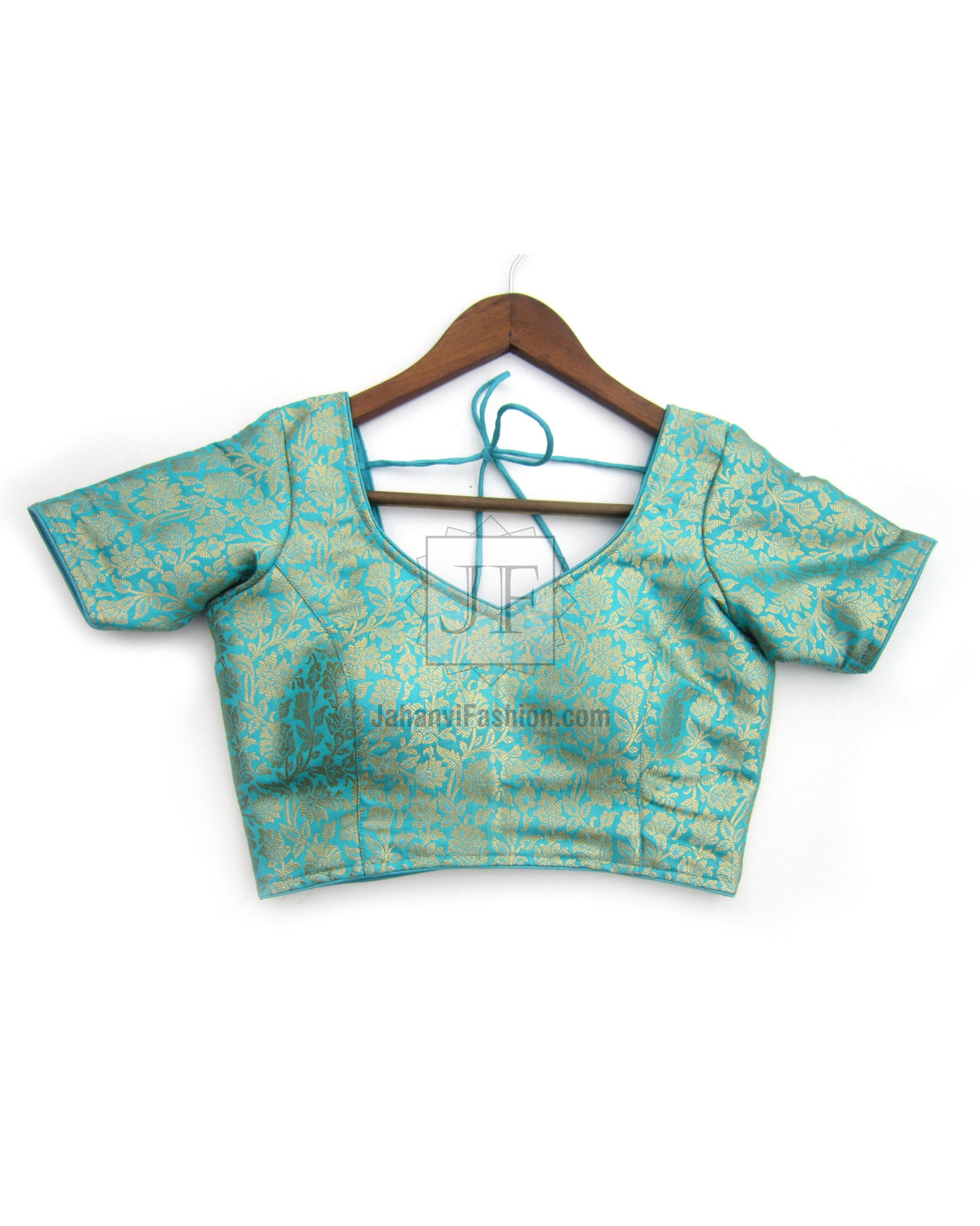 Sea green brocade sari blouse with short sleeves and scoop neckline