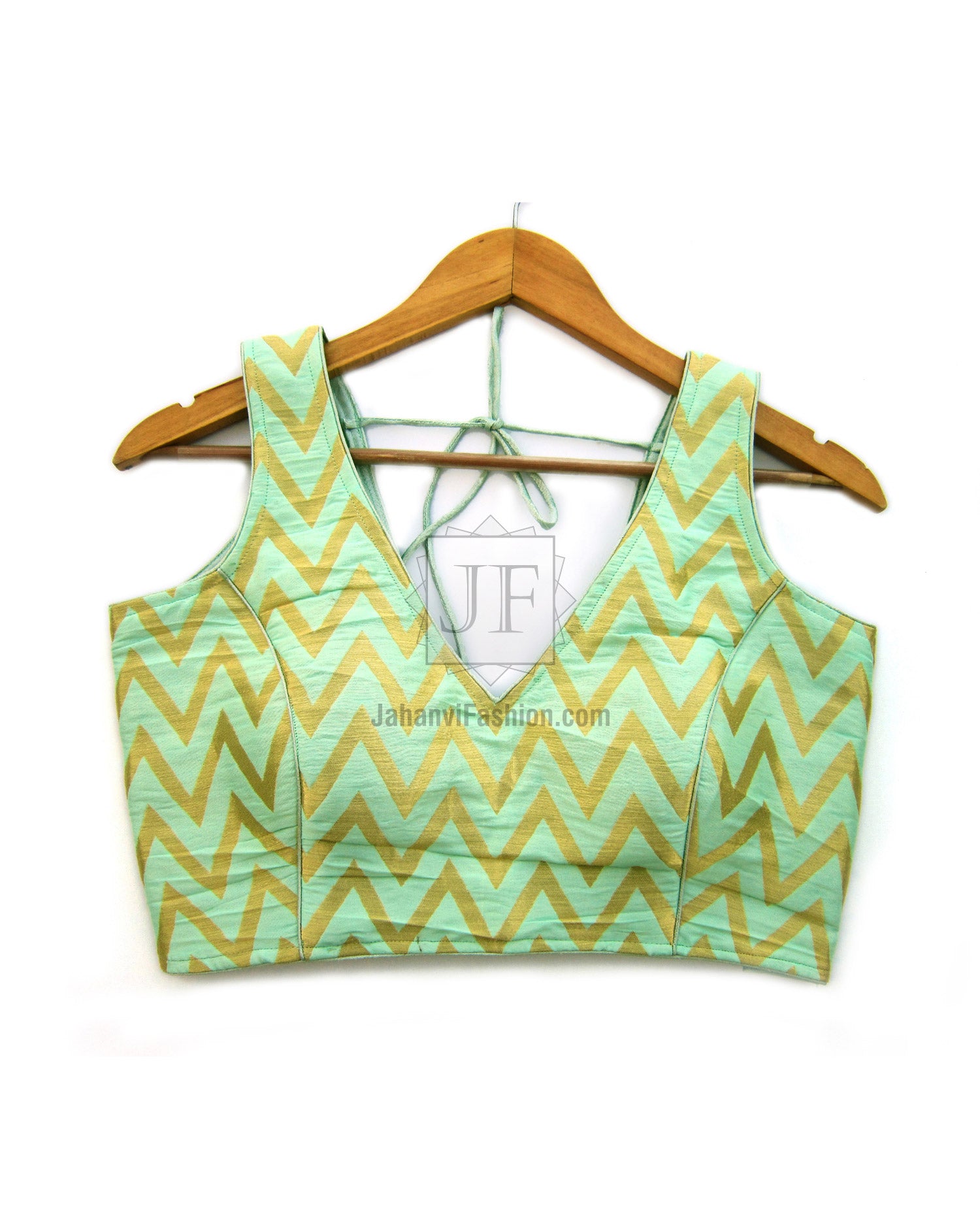 Boat neck sari blouse top, sleeveless teal with yellow chevron zigzag pattern