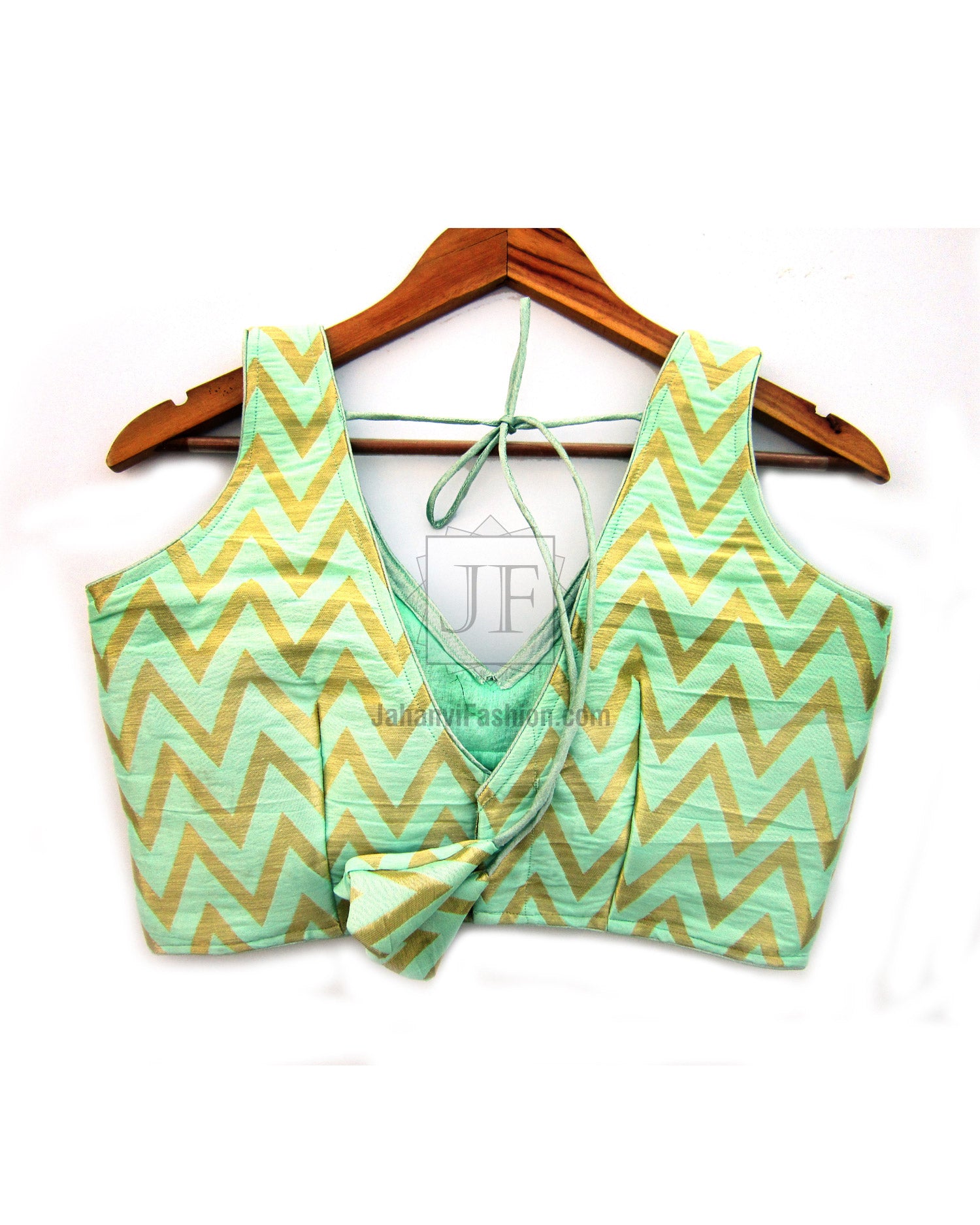 Boat neck sari blouse top with tie detail, teal and yellow chevron zigzag pattern