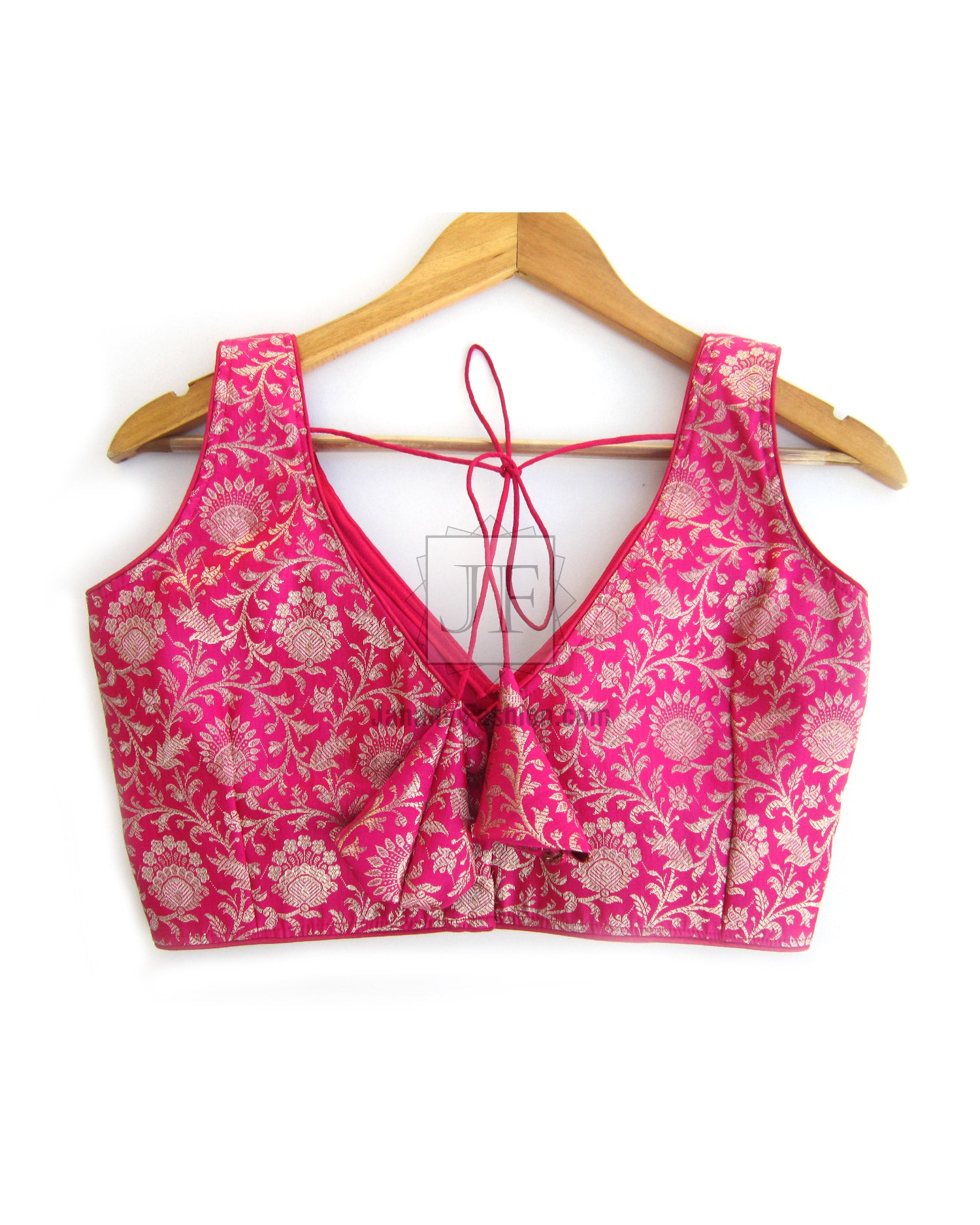 Pink sleeveless V-neck saree blouse with floral print, V-neck and tie detail