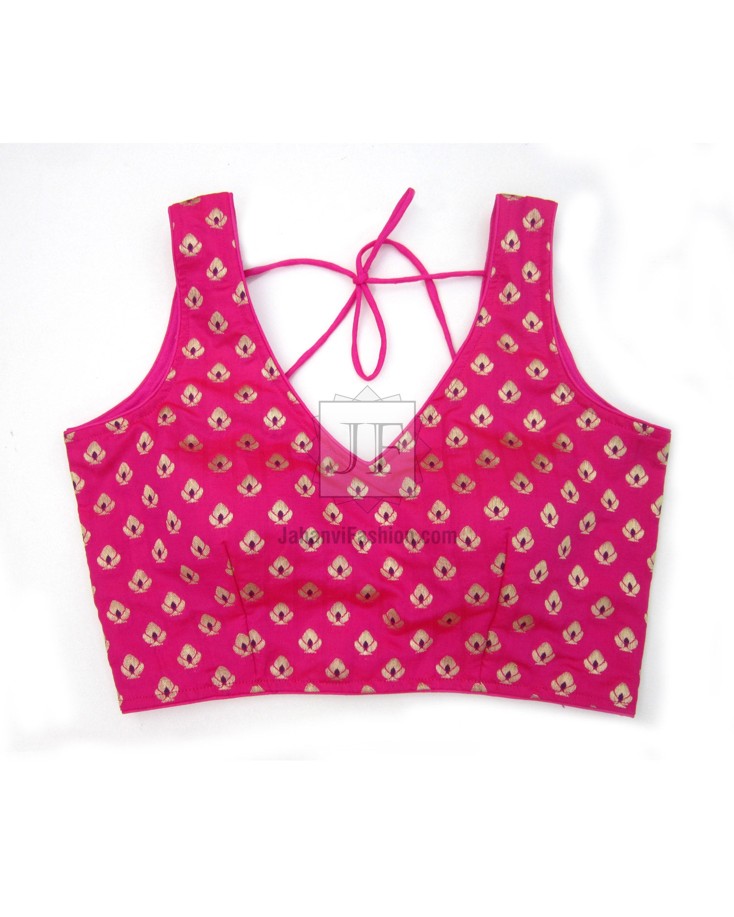 Fuchsia pink sleeveless V-neck blouse with gold motif print and center lace-up strings.
