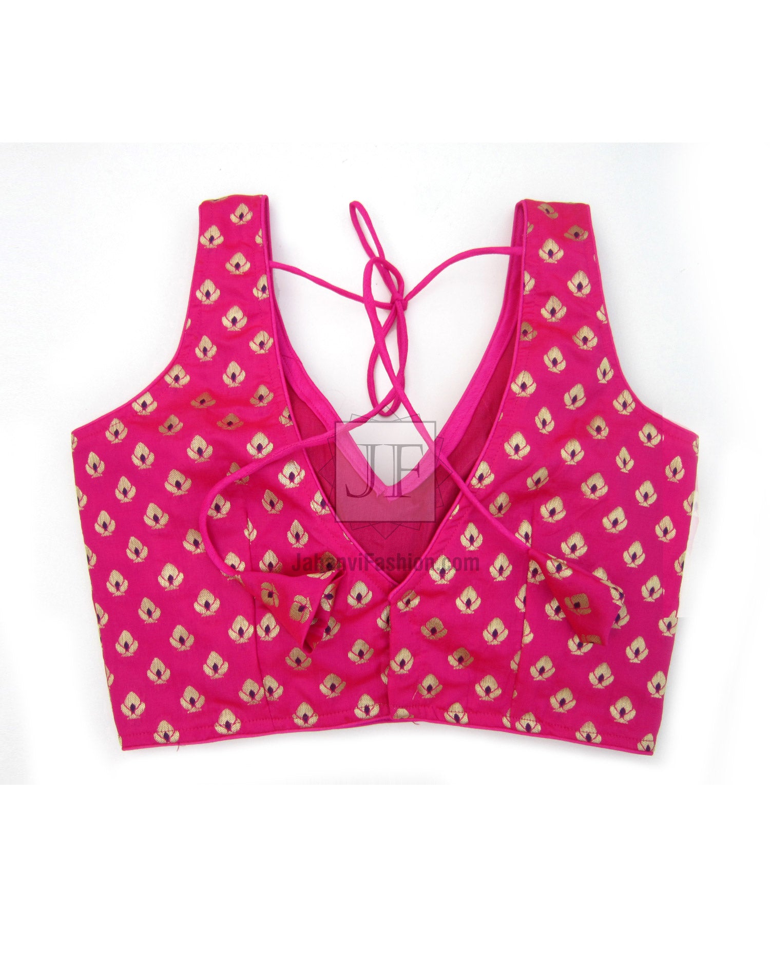Fuchsia pink sleeveless V-neck blouse with brocade motifs and lace-up tie back.