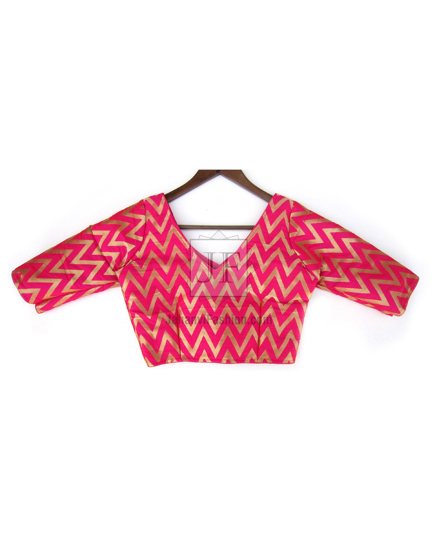 V-neck brocade saree blouse, magenta zigzag pattern, short sleeves