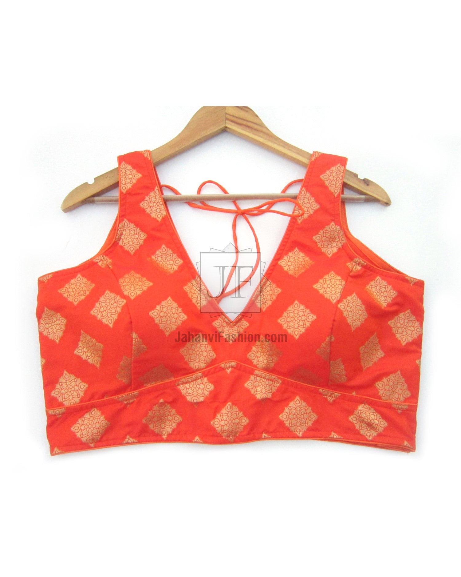 Red brocade V-neck sleeveless crop blouse front with gold diamond pattern and side bow ties