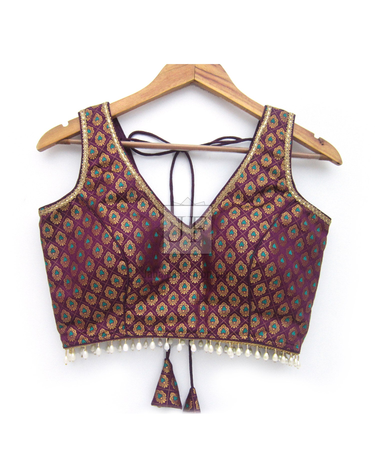 Brocade silk saree blouse, sleeveless V-neck with beaded border, tassel tie-back, maroon